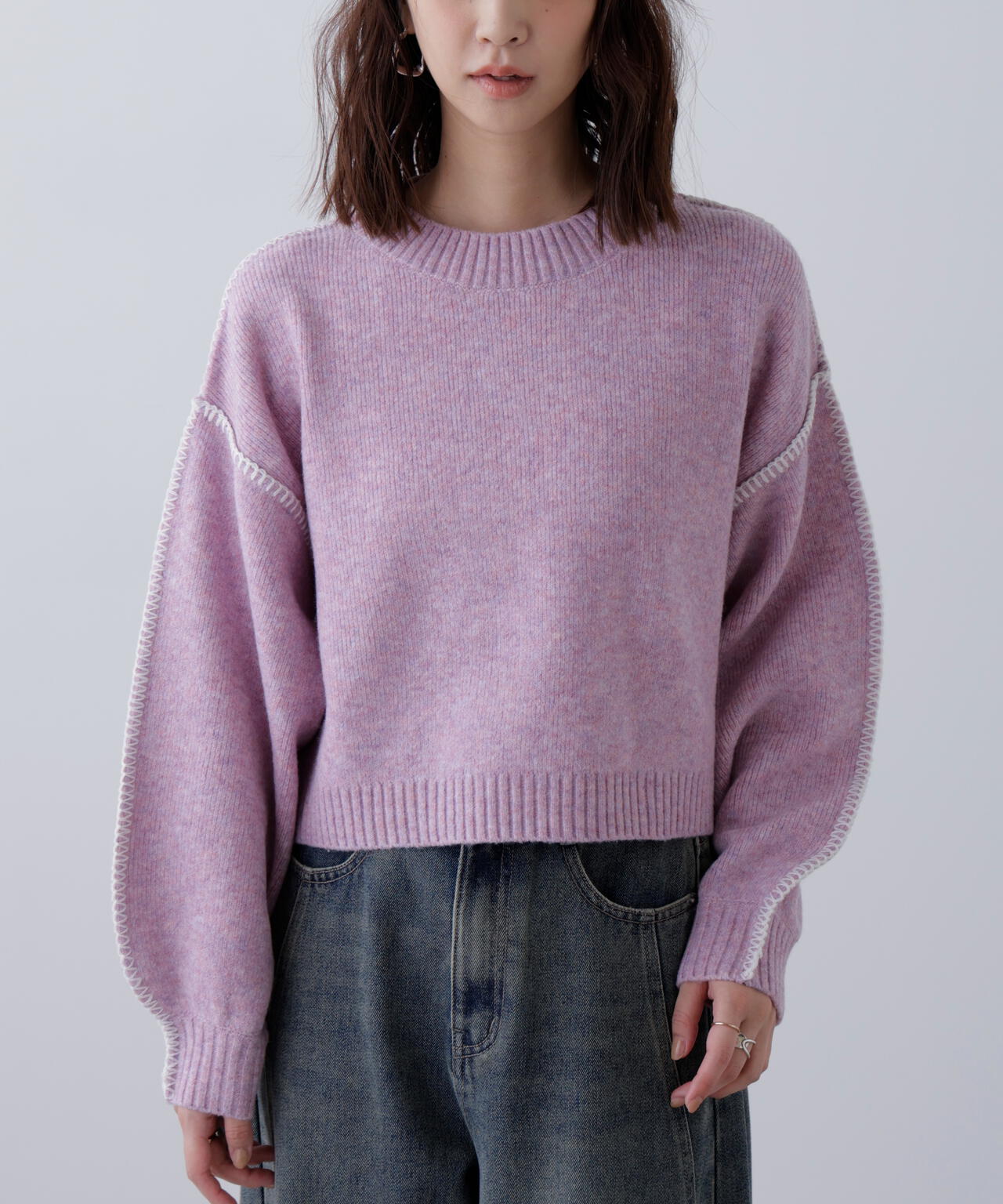 杢ストレッチ総針配色ステッチニット