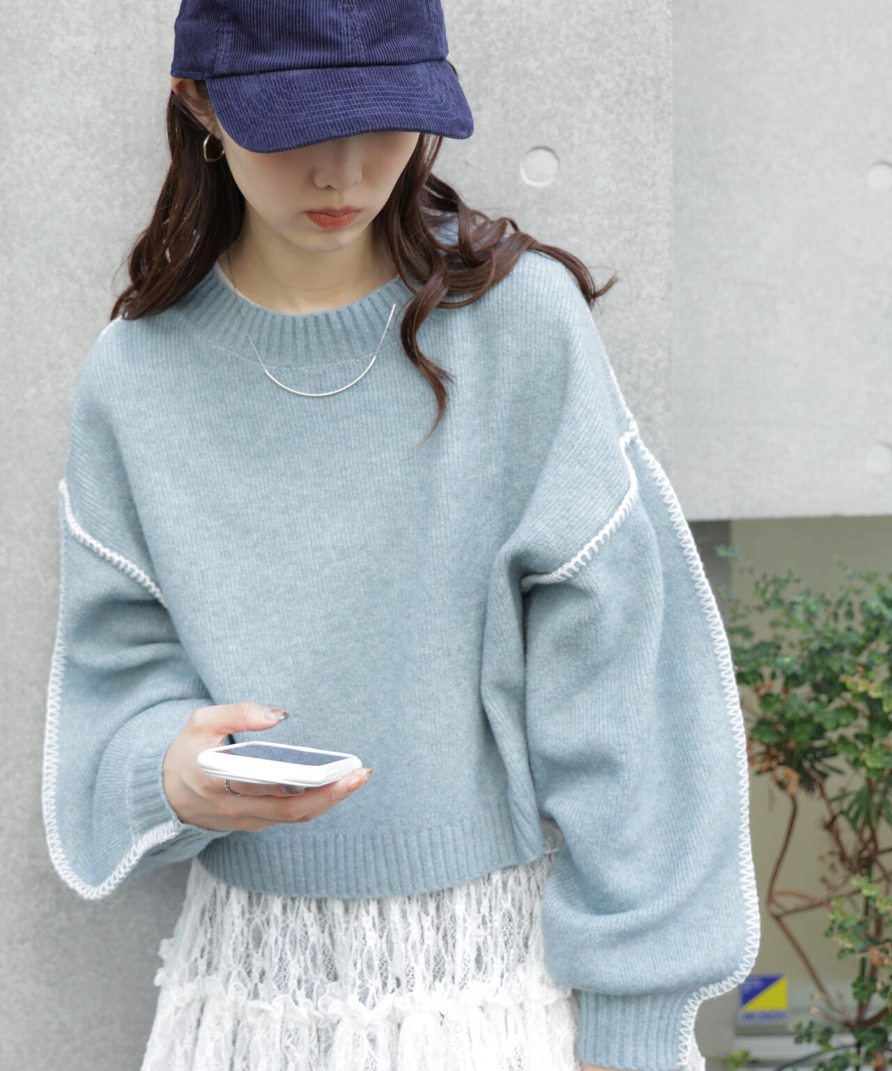 杢ストレッチ総針配色ステッチニット