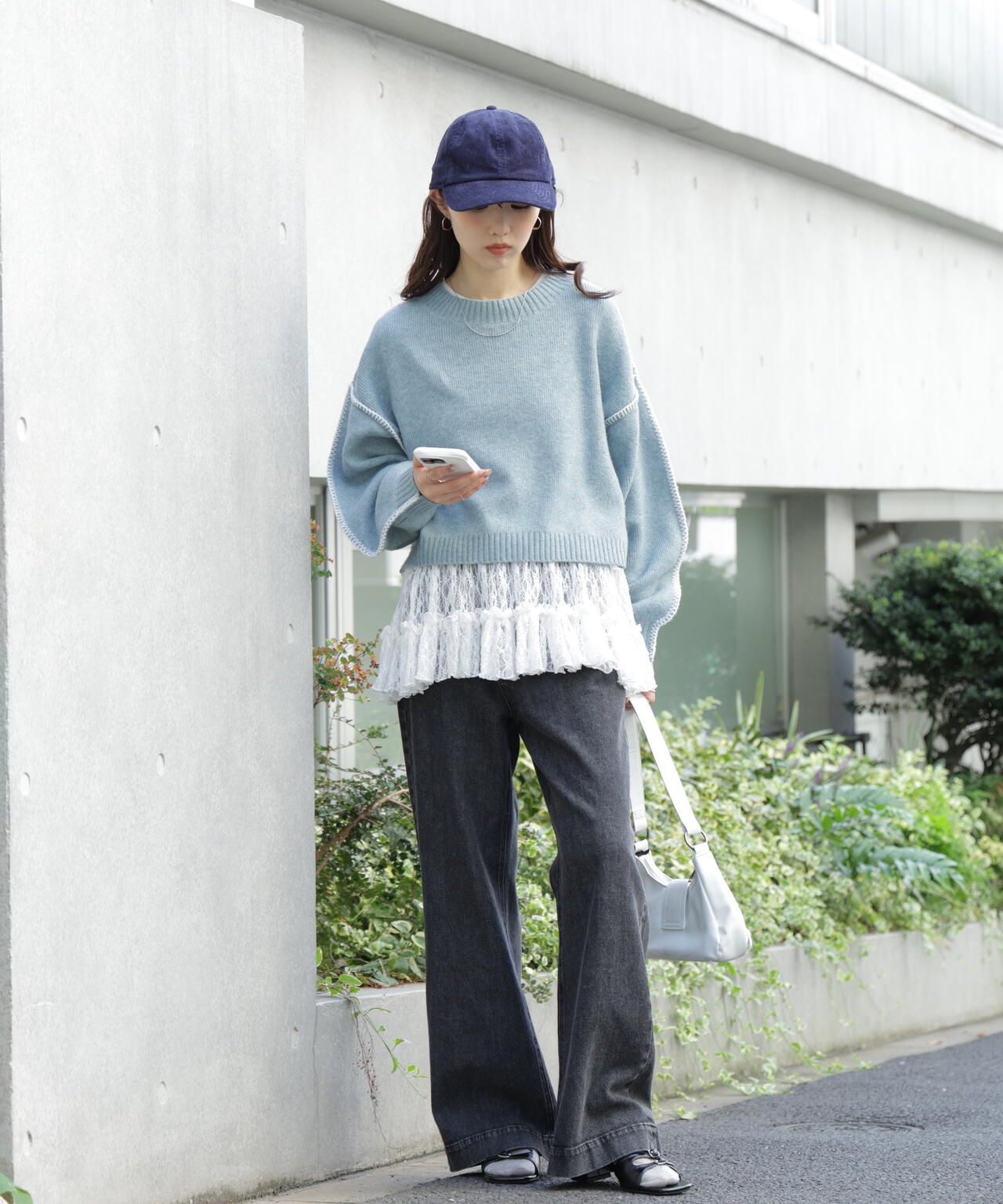 杢ストレッチ総針配色ステッチニット