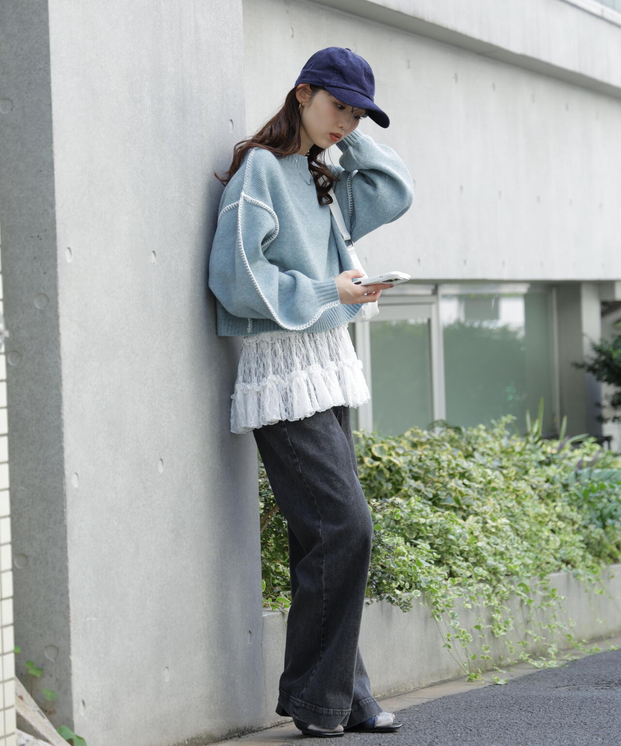 杢ストレッチ総針配色ステッチニット