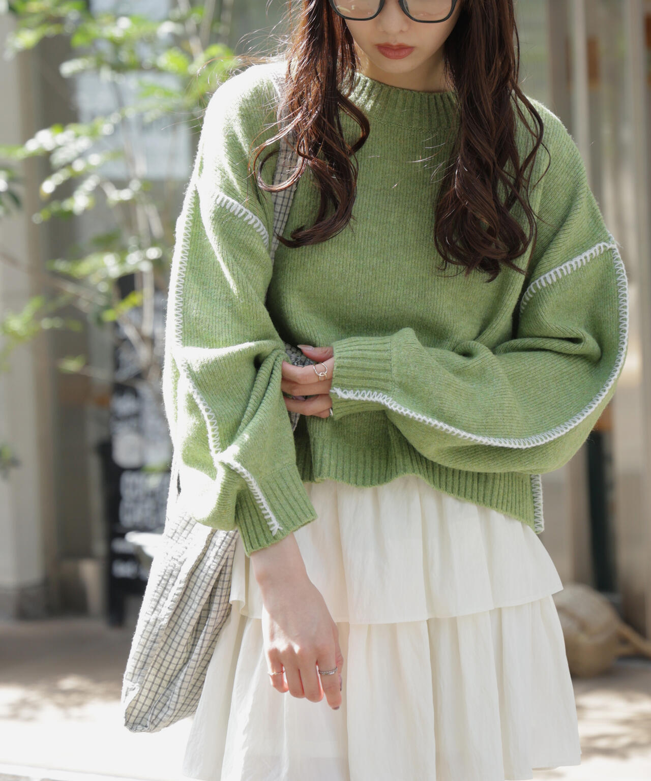 杢ストレッチ総針配色ステッチニット