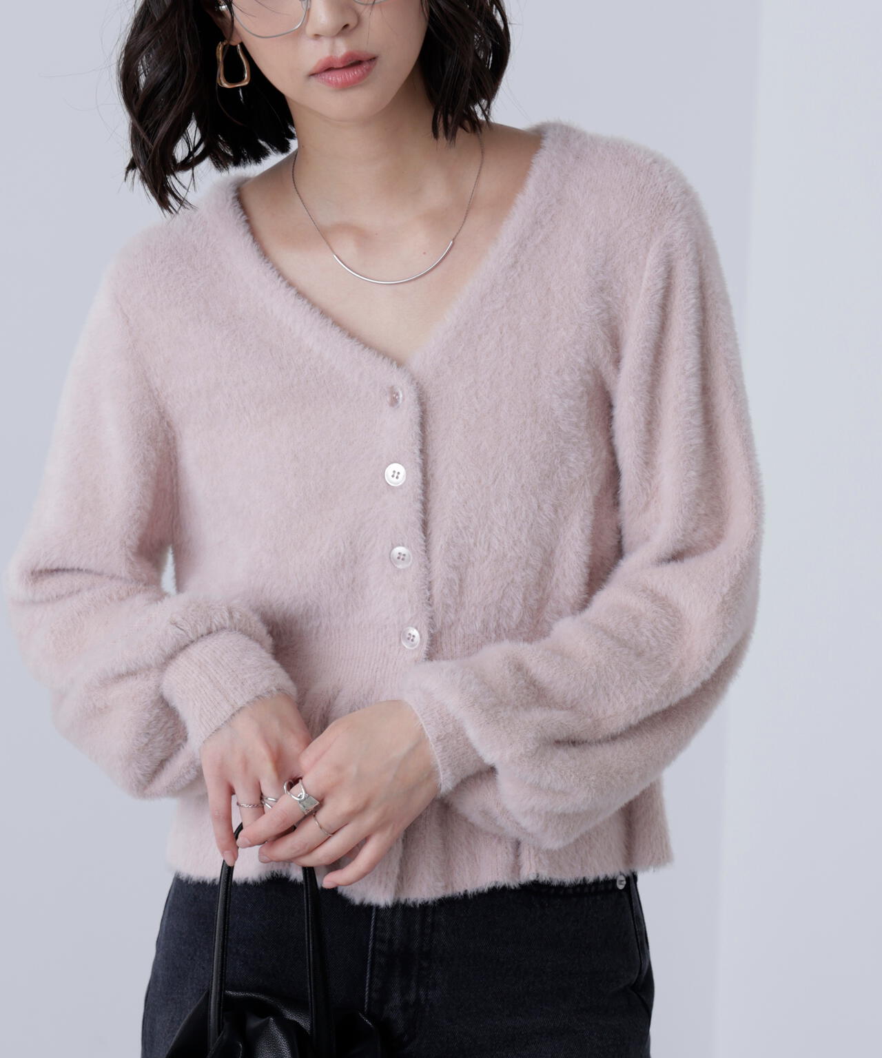 ショートシャギーペプラムニットカーディガン