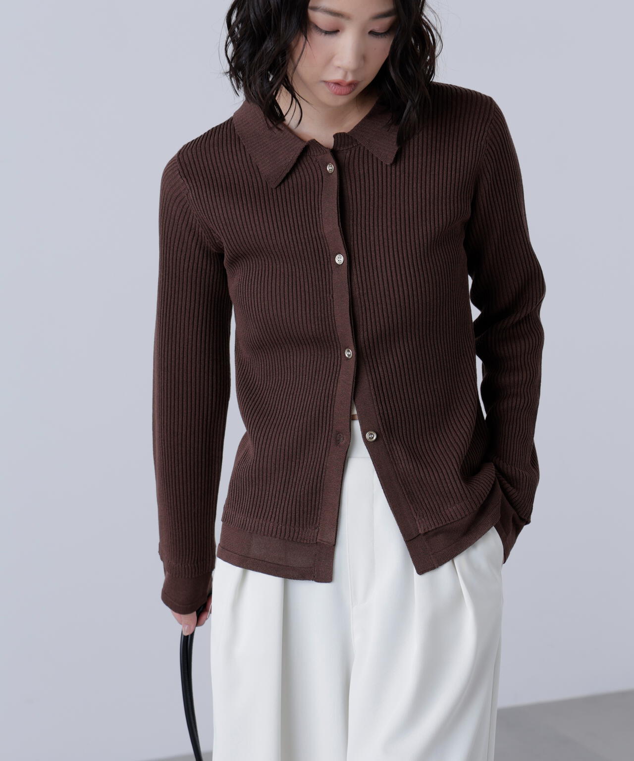 【MFM】金ボタン襟リブニット