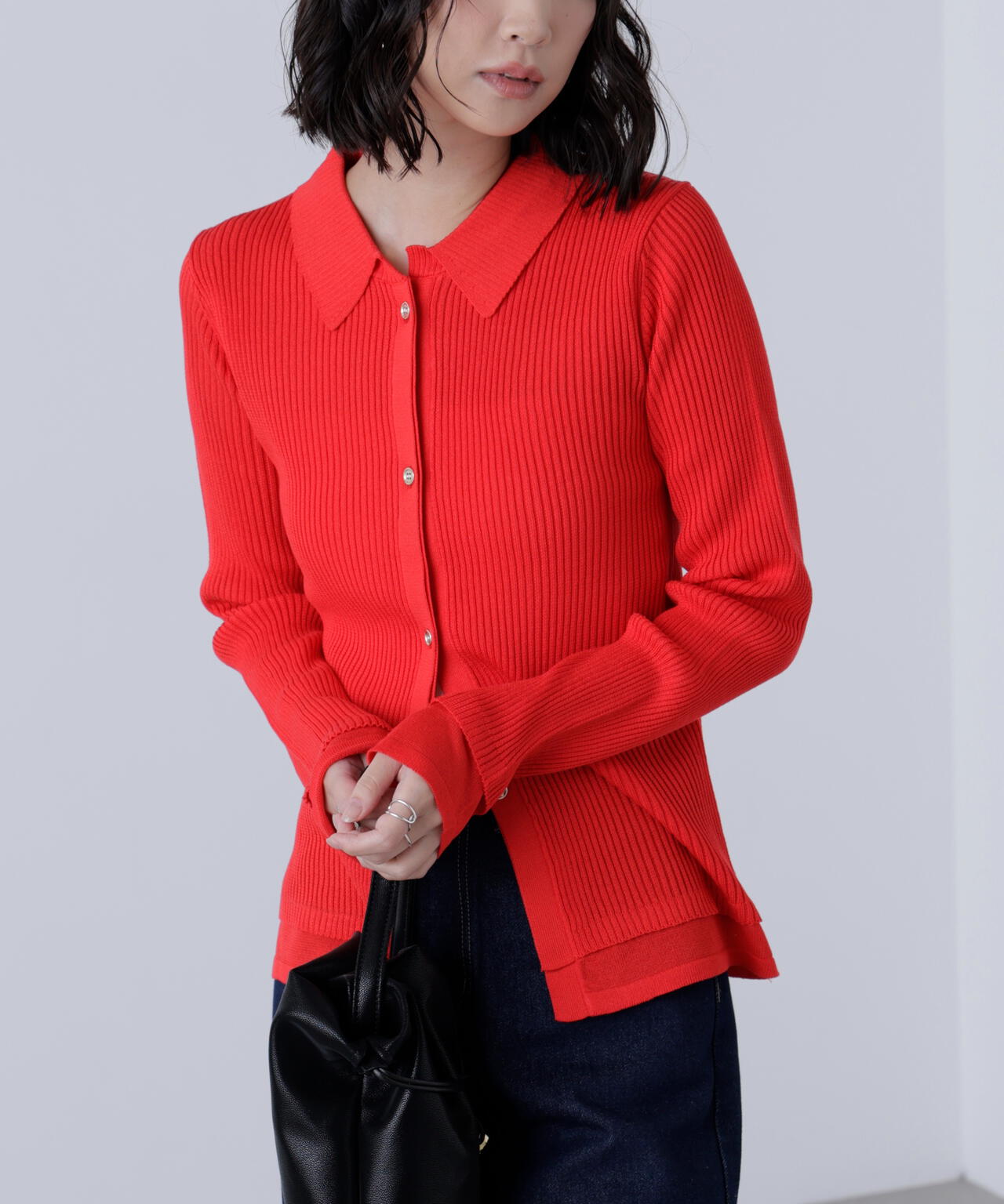 【MFM】金ボタン襟リブニット