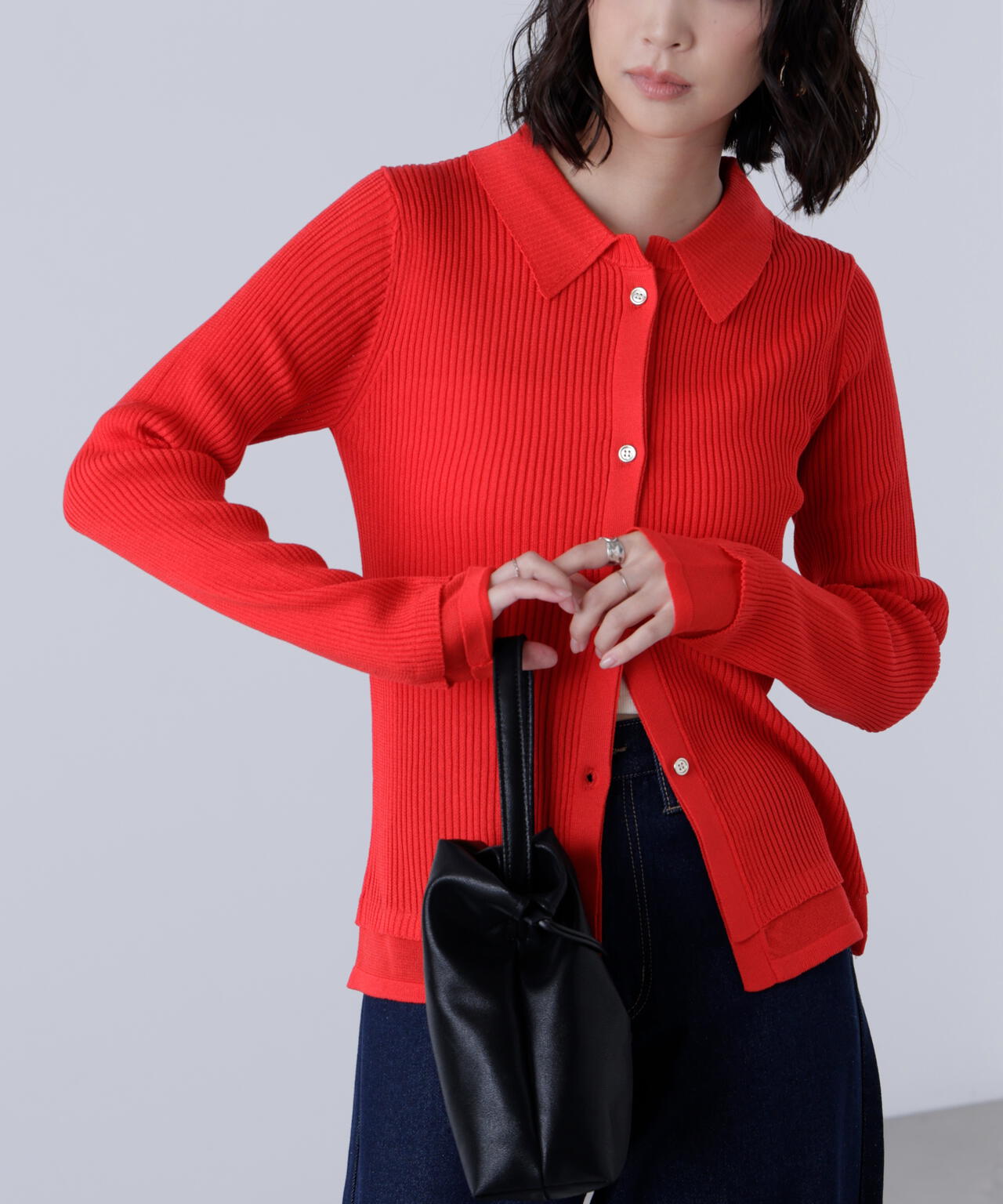 【MFM】金ボタン襟リブニット