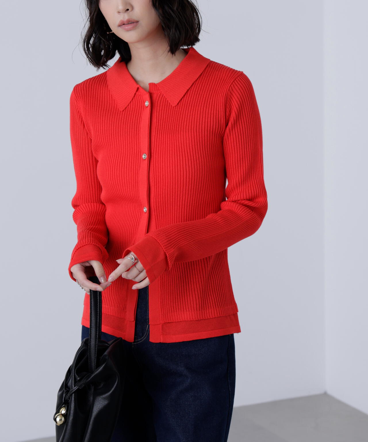 【MFM】金ボタン襟リブニット