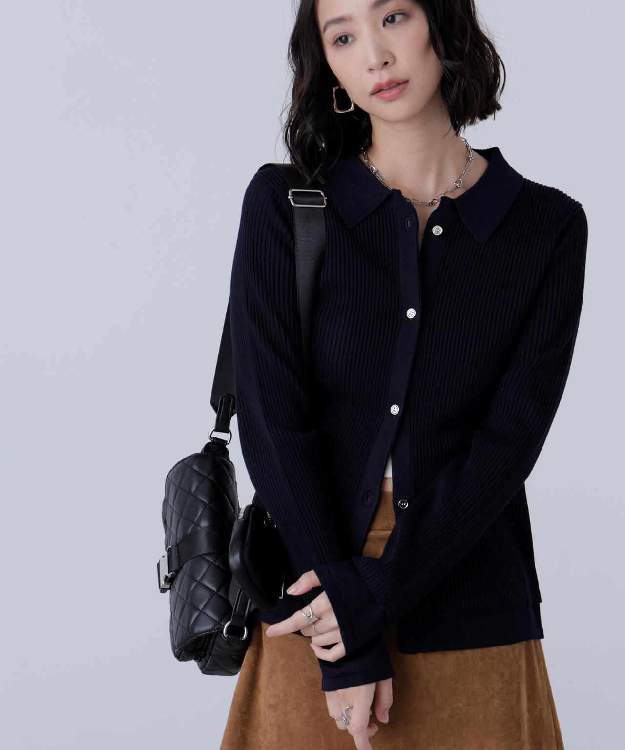 【MFM】金ボタン襟リブニット