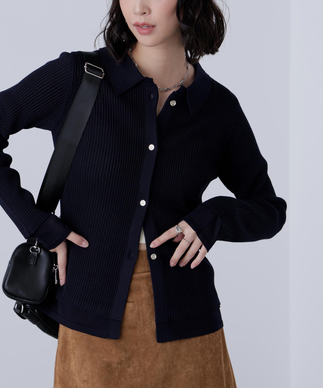 【MFM】金ボタン襟リブニット