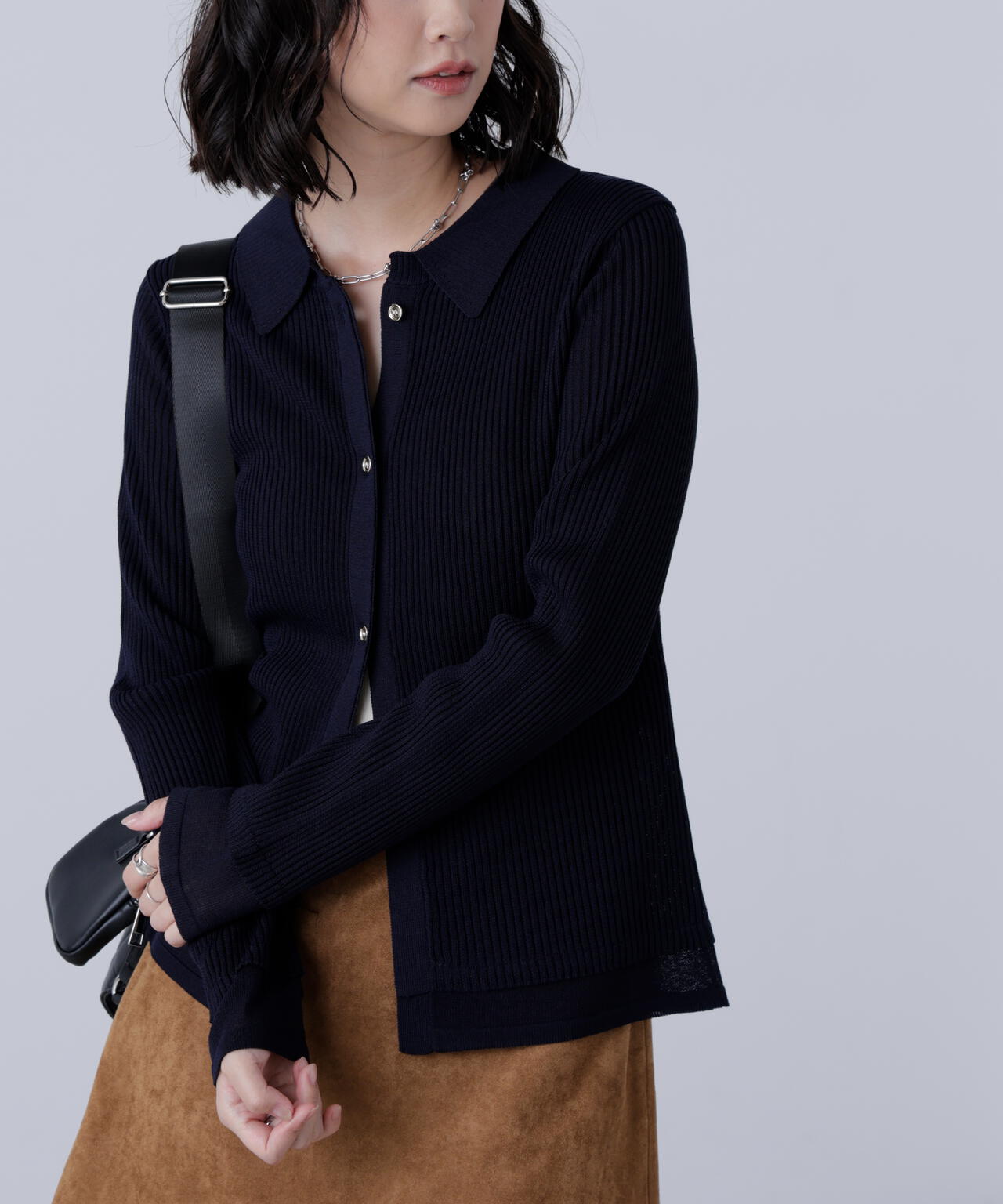 【MFM】金ボタン襟リブニット