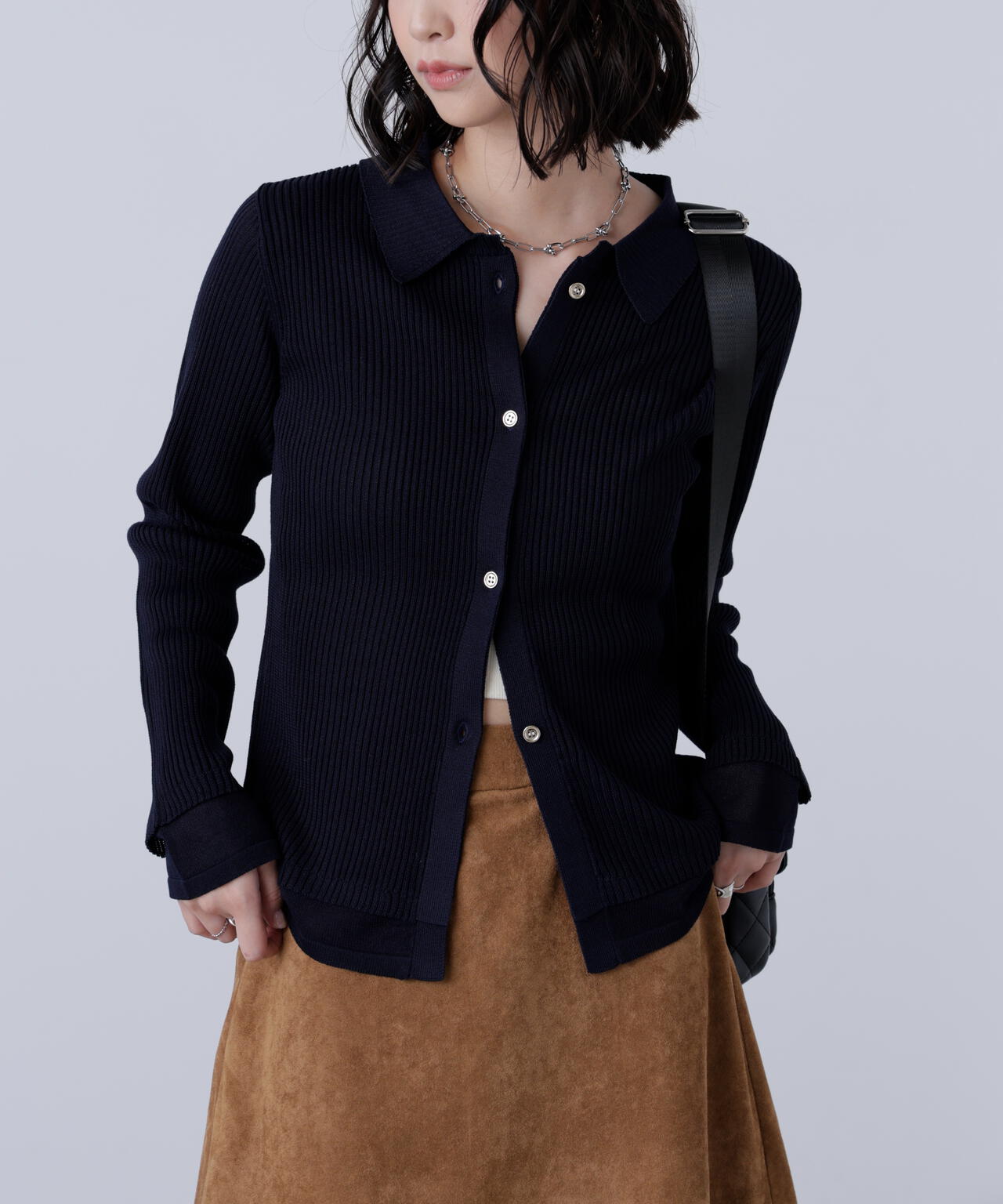 【MFM】金ボタン襟リブニット