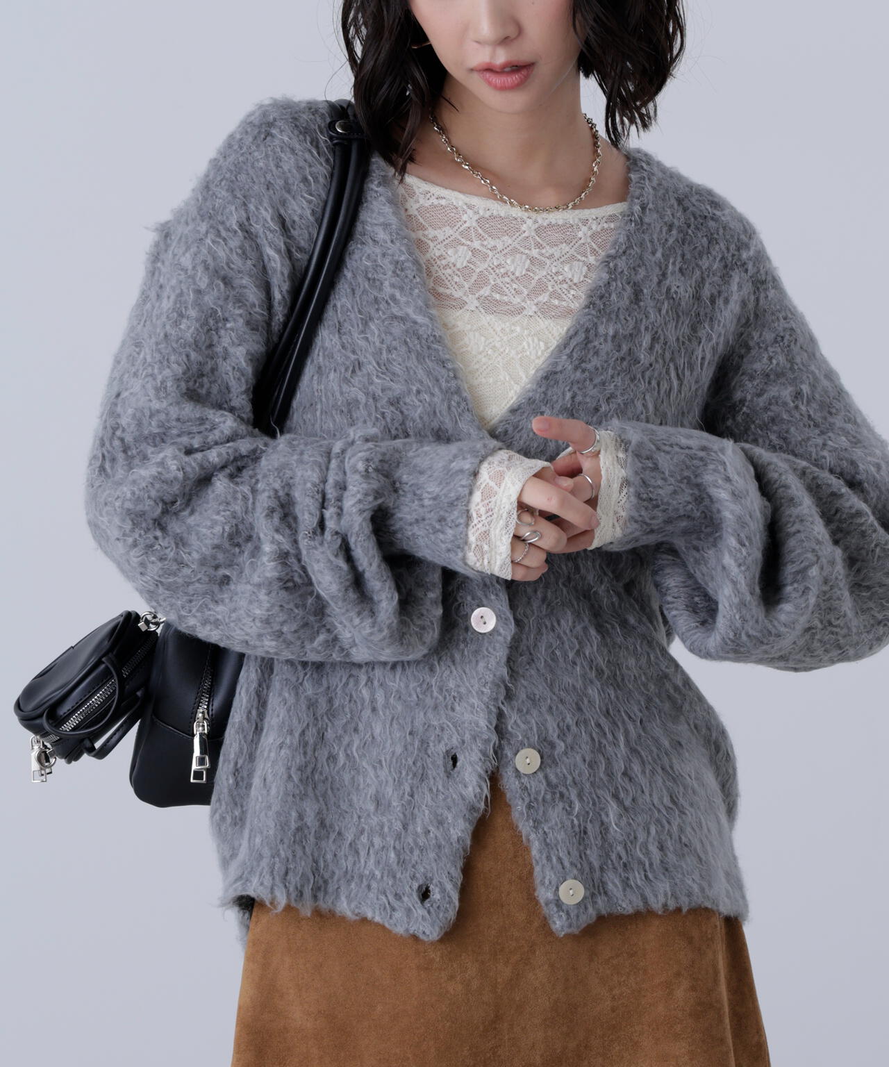 ウェーブ起毛Vネックカーディガン