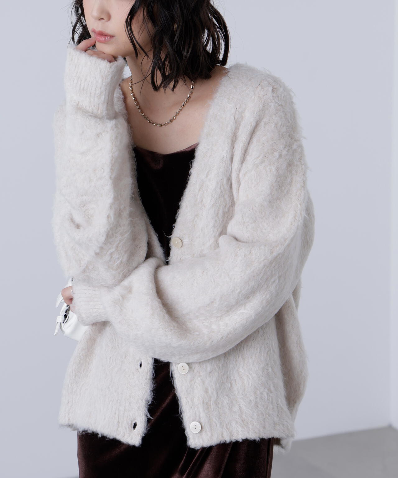 ウェーブ起毛Vネックカーディガン