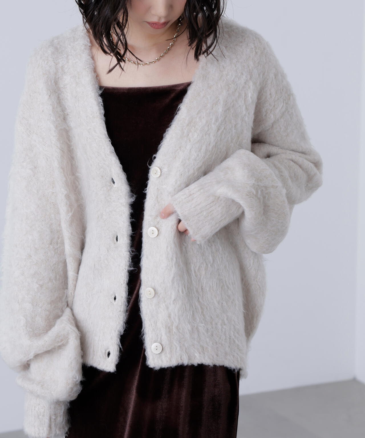 ウェーブ起毛Vネックカーディガン