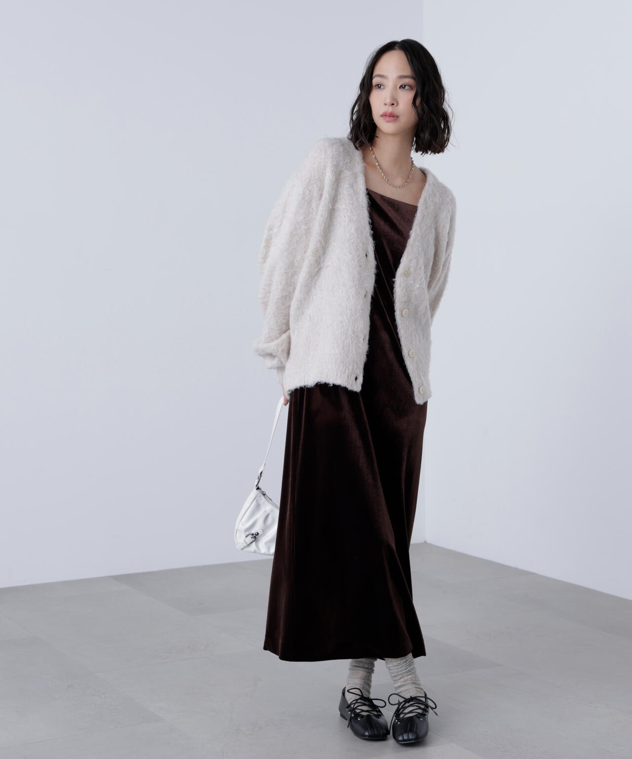 ウェーブ起毛Vネックカーディガン