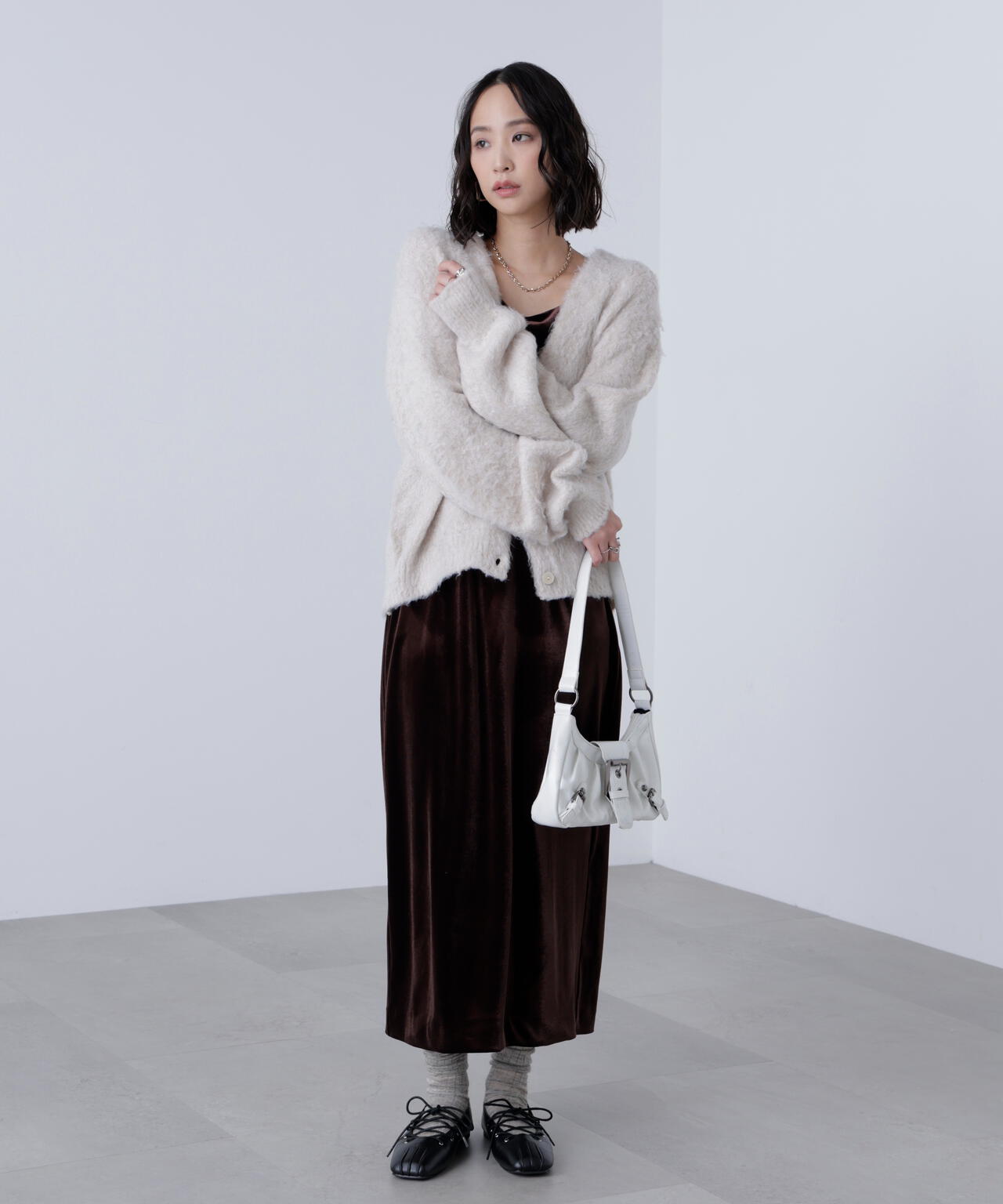 ウェーブ起毛Vネックカーディガン