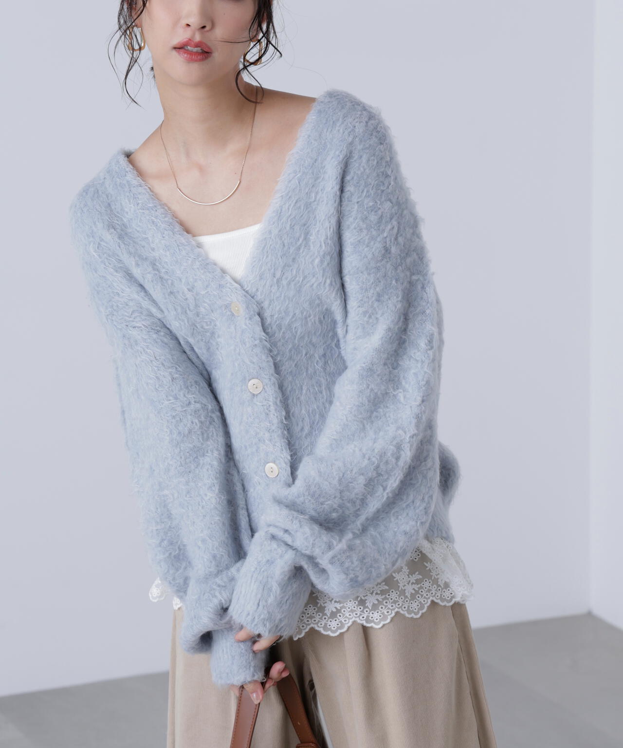 ウェーブ起毛Vネックカーディガン
