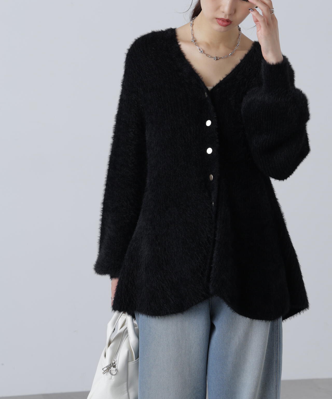 【MFM】ヘアリーペプラム金ボタンニットカーディガン