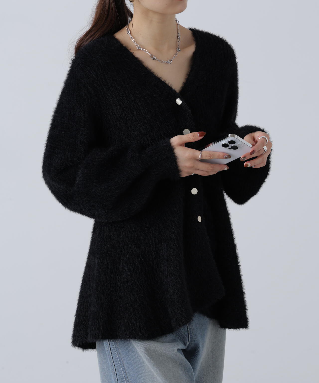 【MFM】ヘアリーペプラム金ボタンニットカーディガン