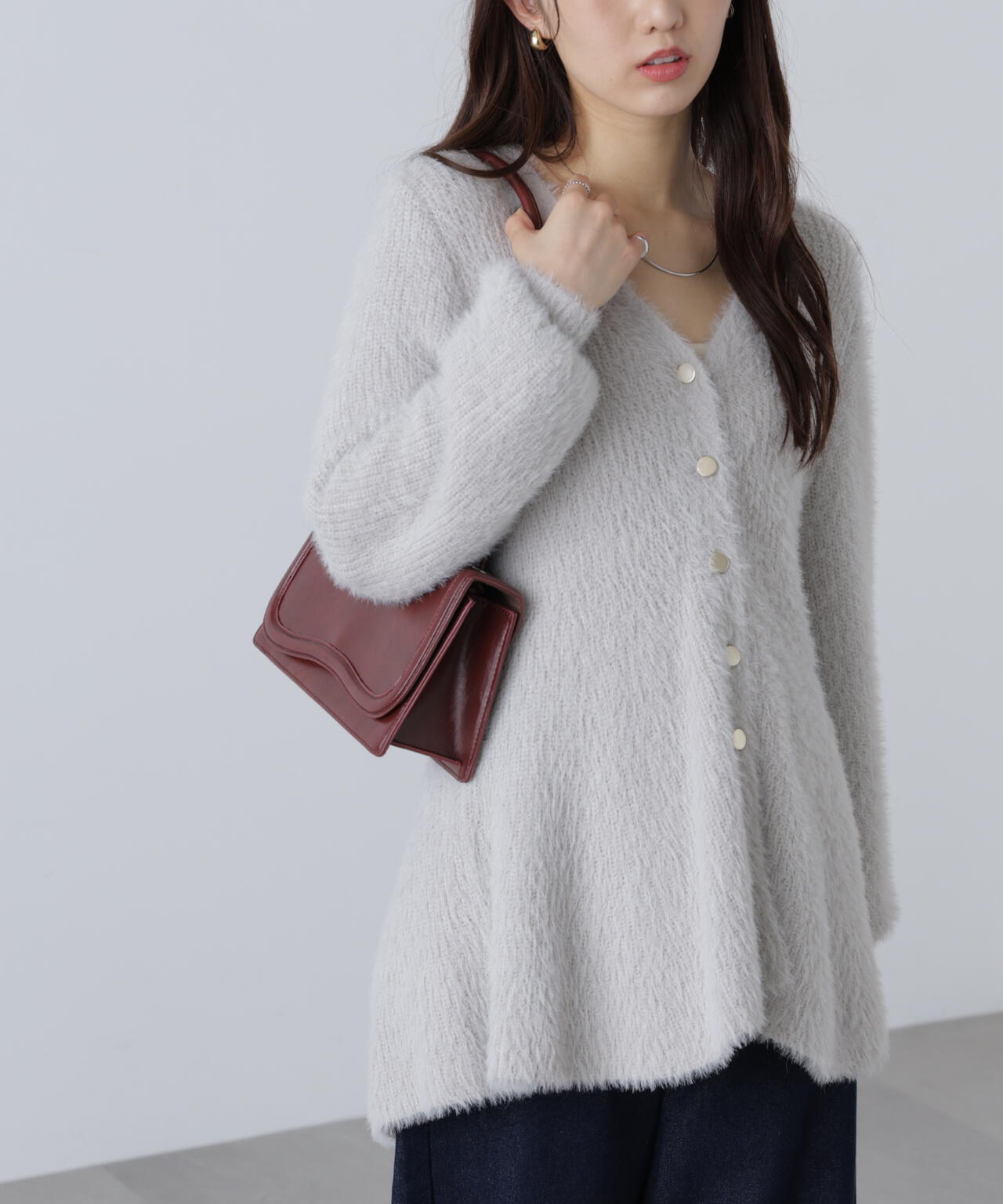 【MFM】ヘアリーペプラム金ボタンニットカーディガン