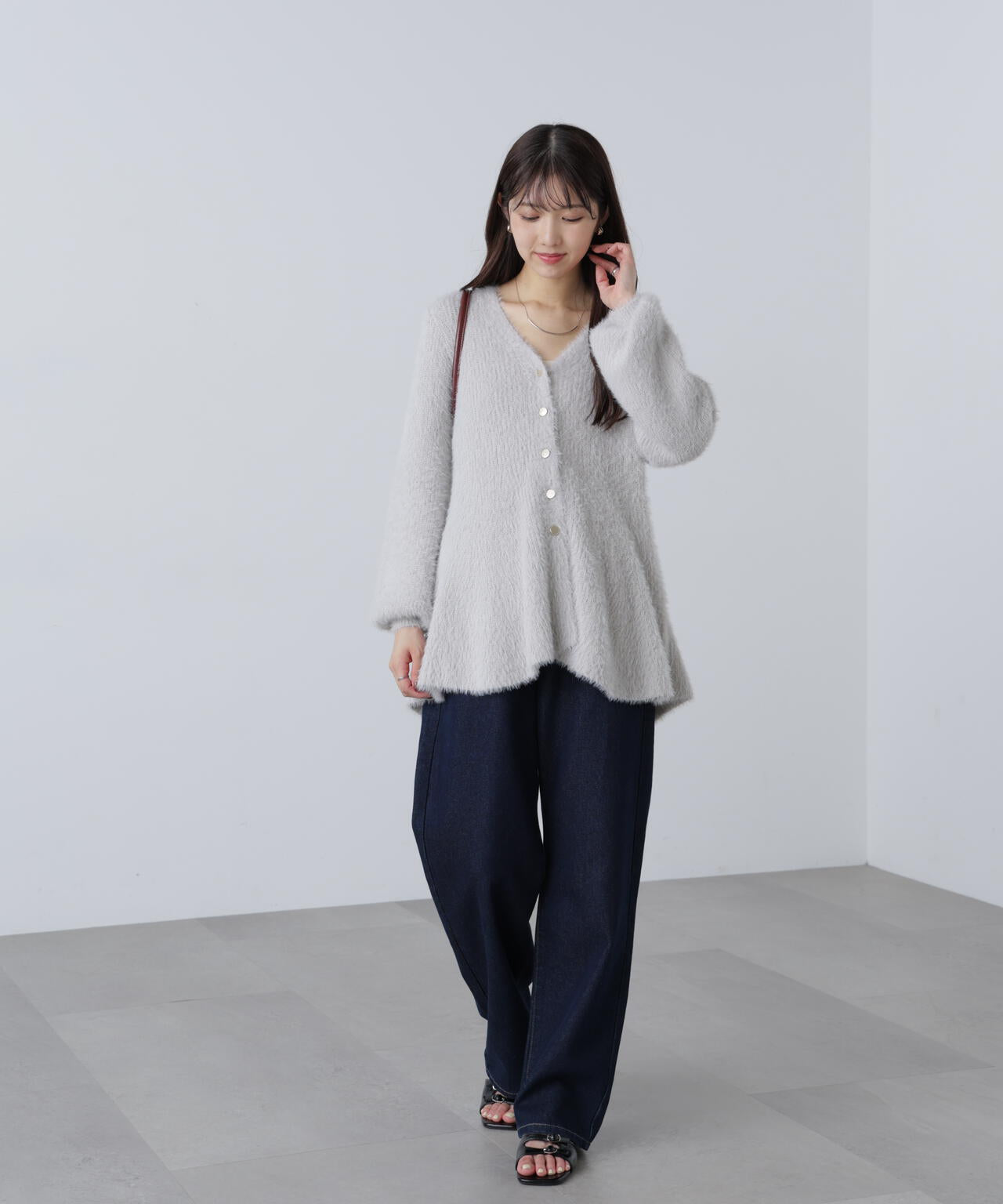 【MFM】ヘアリーペプラム金ボタンニットカーディガン