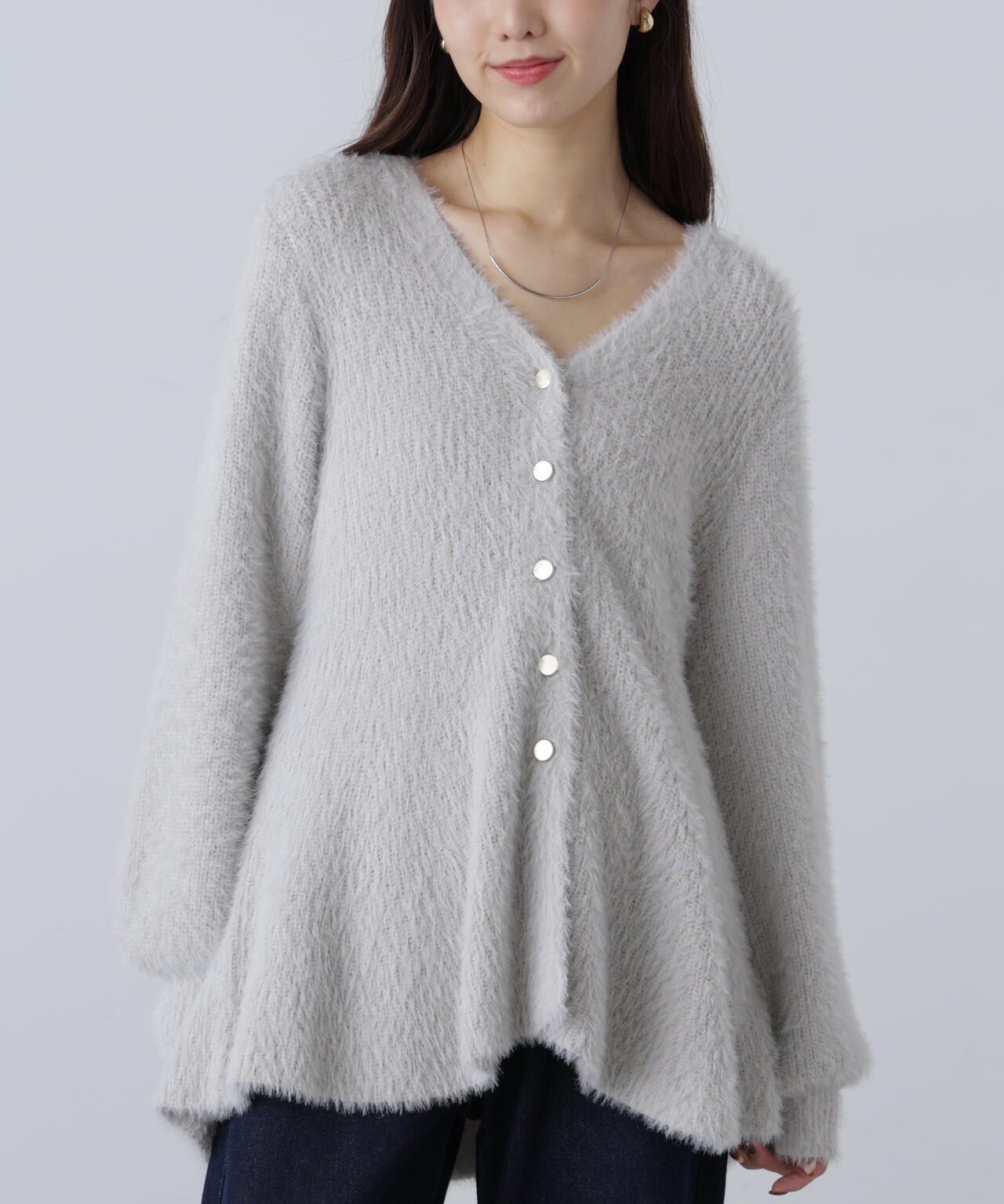 【MFM】ヘアリーペプラム金ボタンニットカーディガン