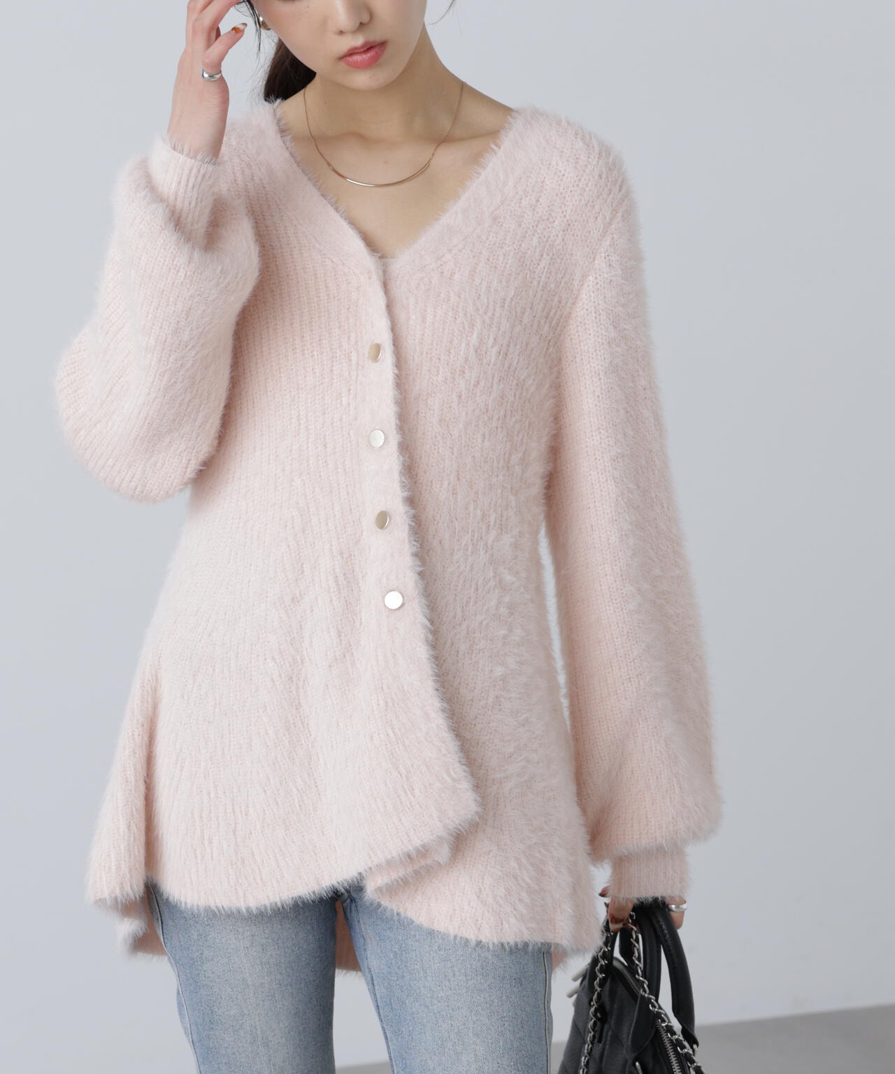 【MFM】ヘアリーペプラム金ボタンニットカーディガン