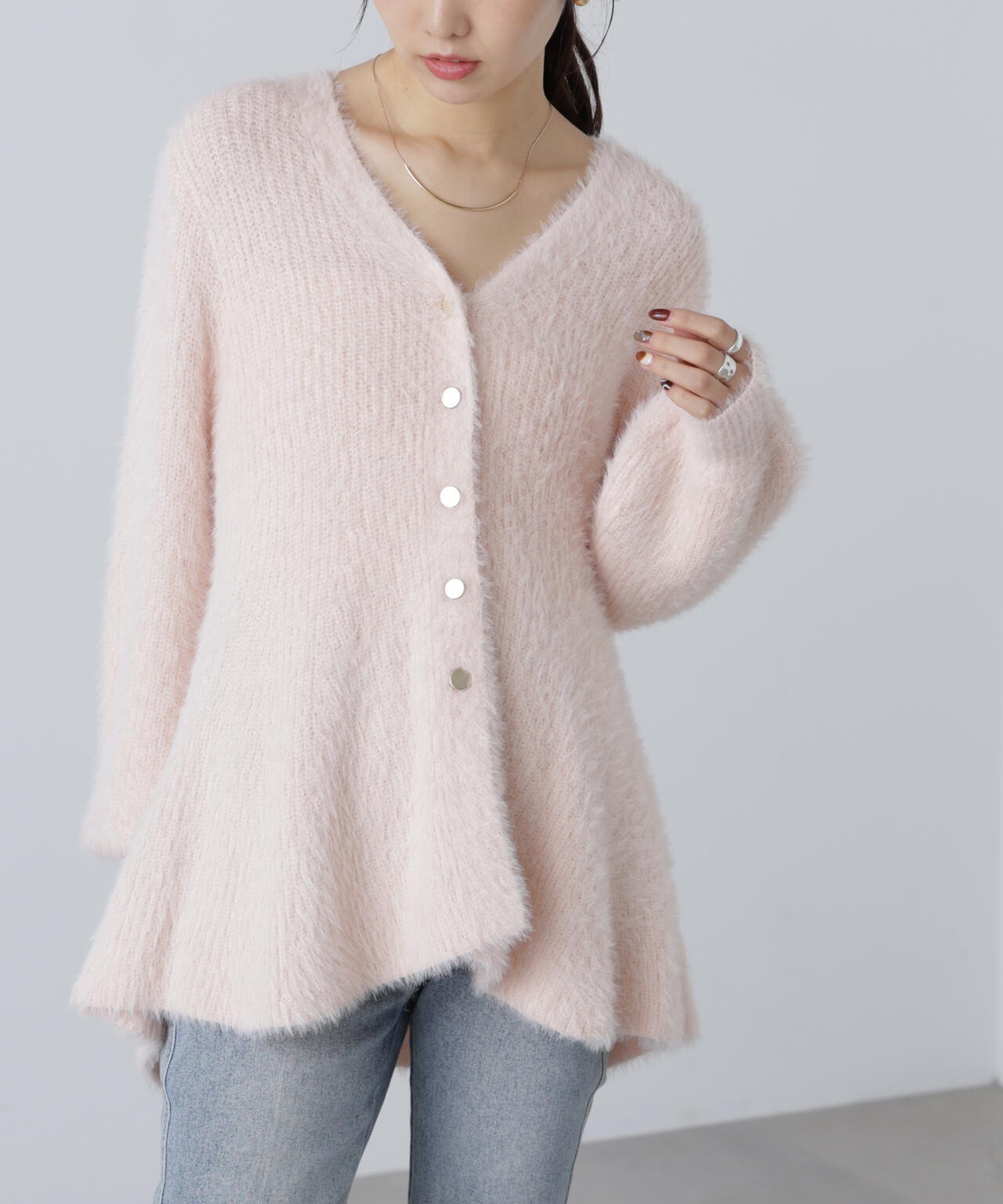 【MFM】ヘアリーペプラム金ボタンニットカーディガン