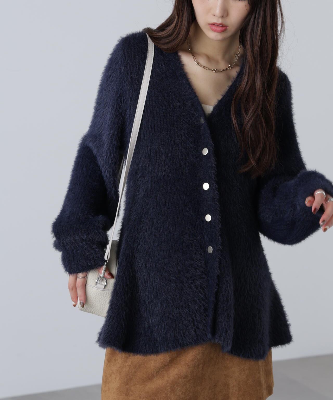 【MFM】ヘアリーペプラム金ボタンニットカーディガン