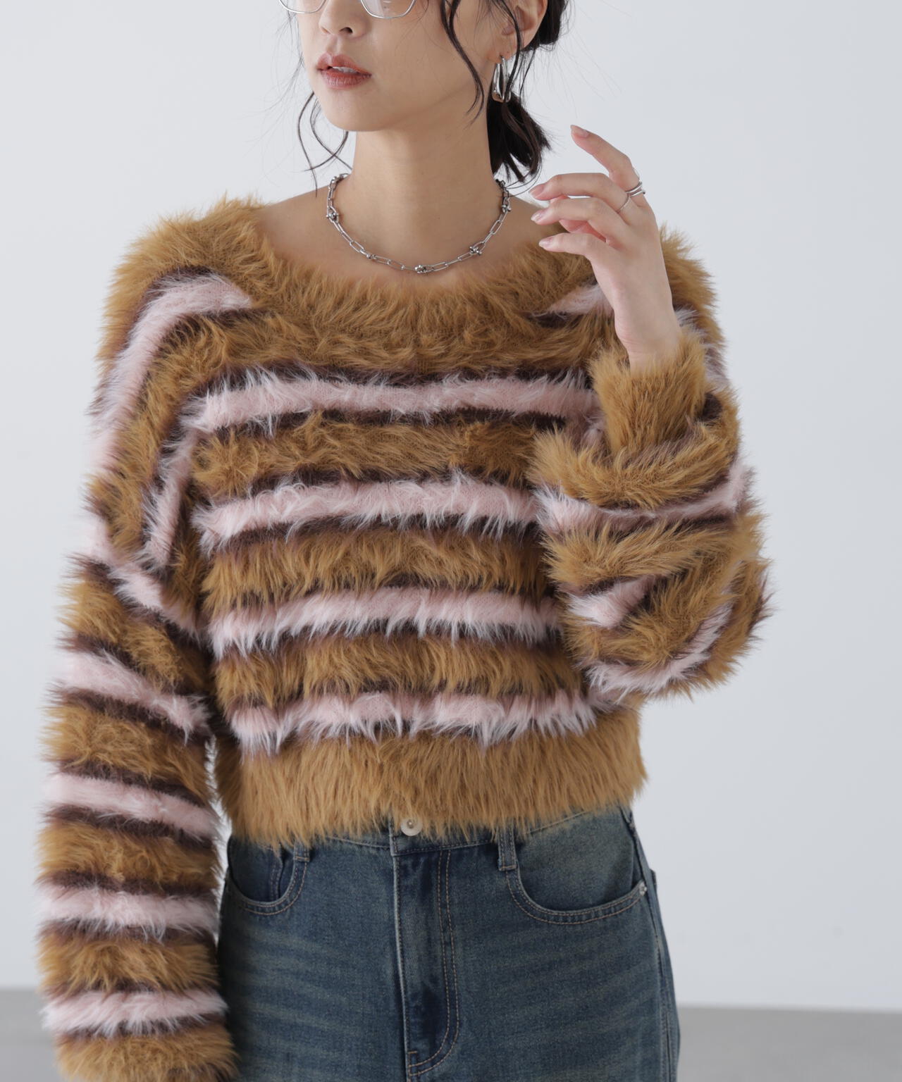 シャギーボーダークロップドニット