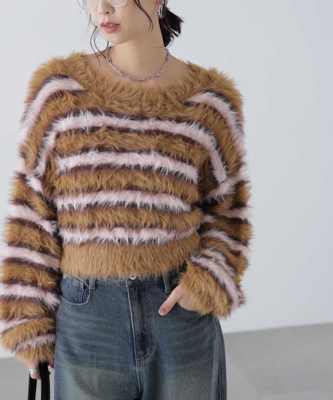 シャギーボーダークロップドニット