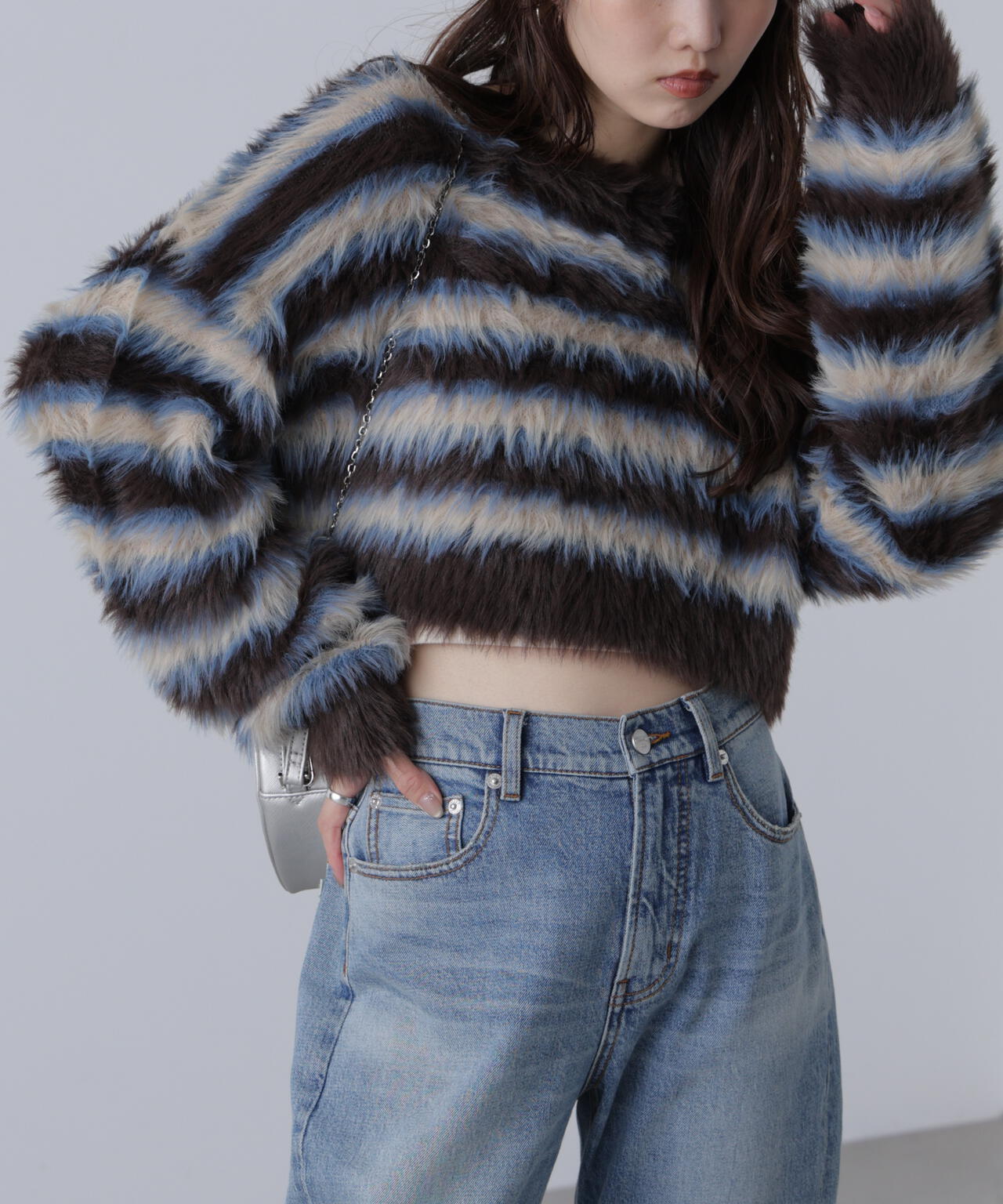 シャギーボーダークロップドニット