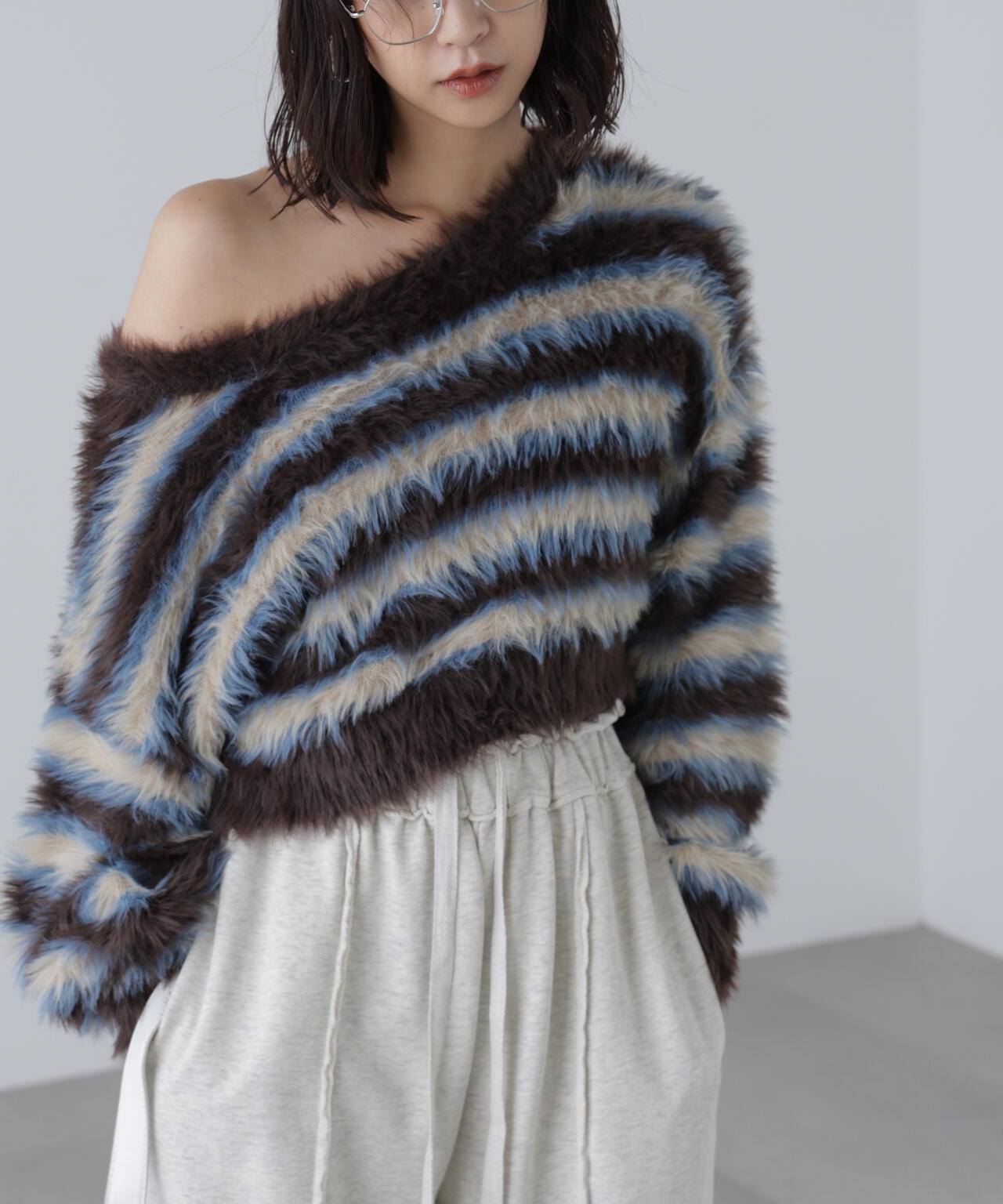 シャギーボーダークロップドニット