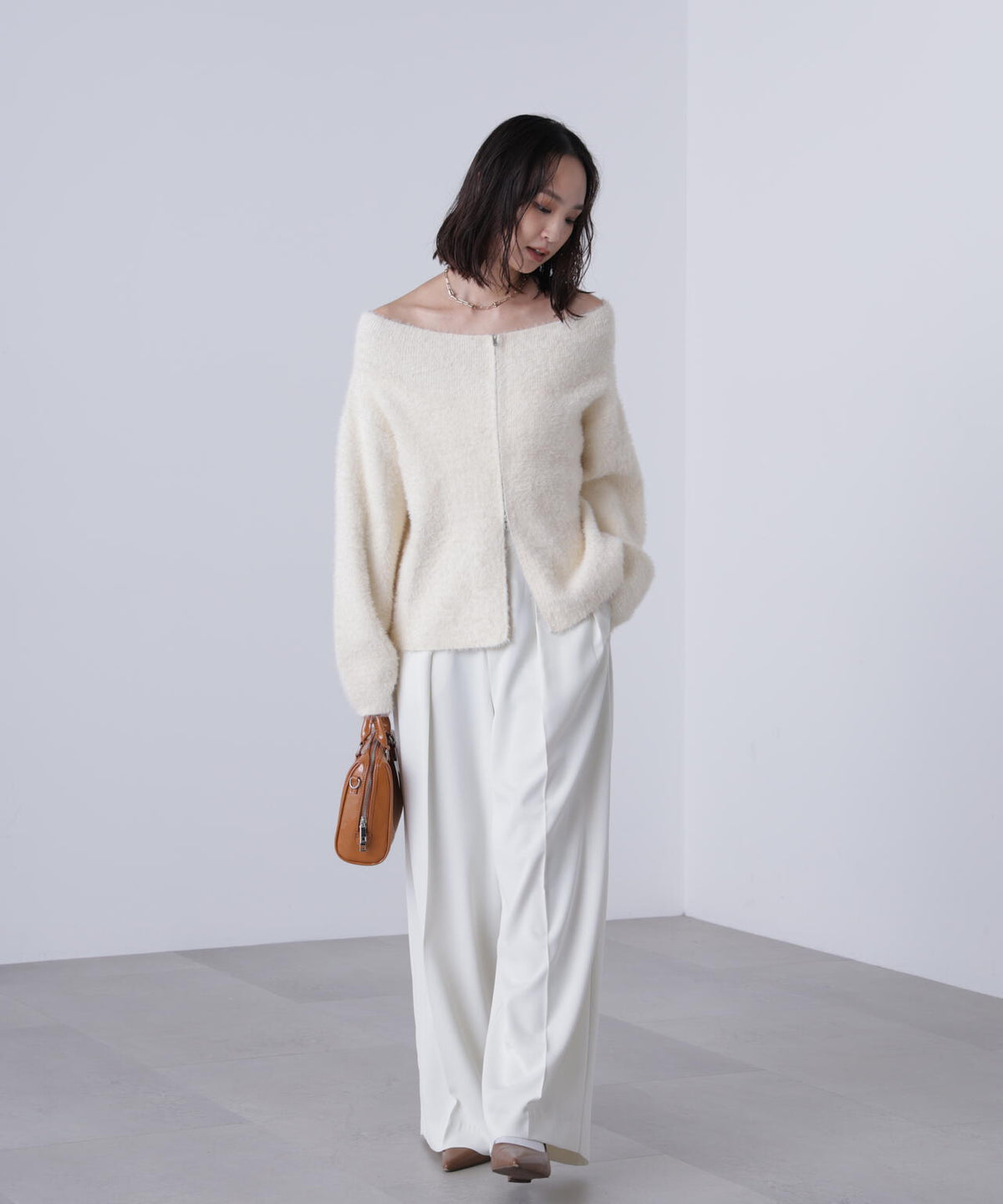 【MFM】前後2WAYオフショルシャギージップカーディガン