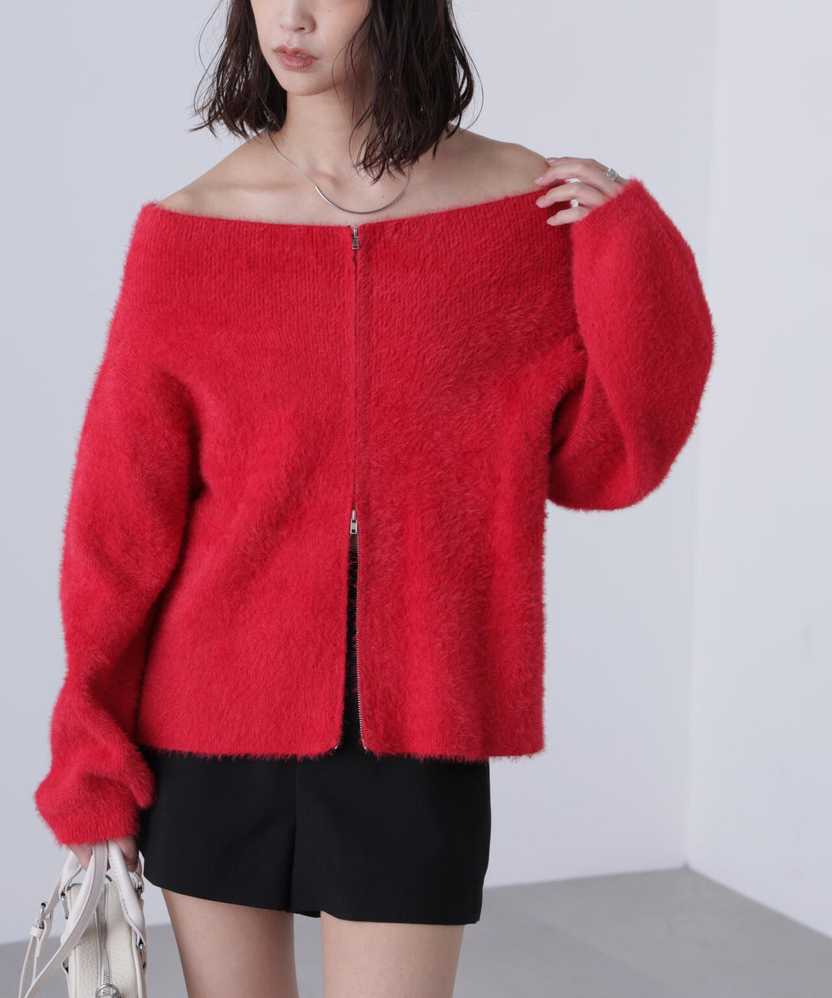 【MFM】前後2WAYオフショルシャギージップカーディガン