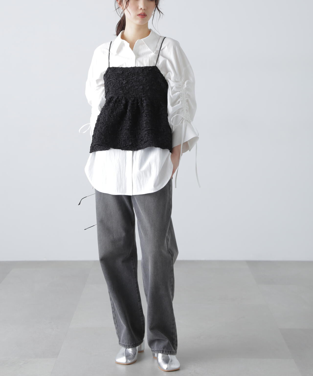 袖シャーリングオーバーシャツ