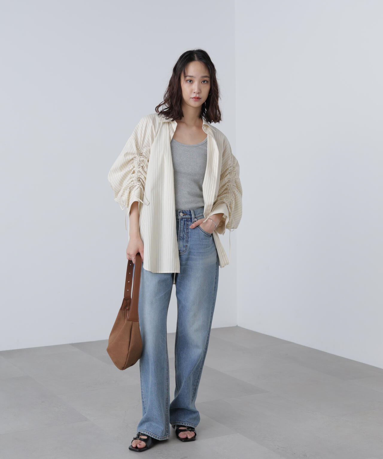 袖シャーリングオーバーシャツ