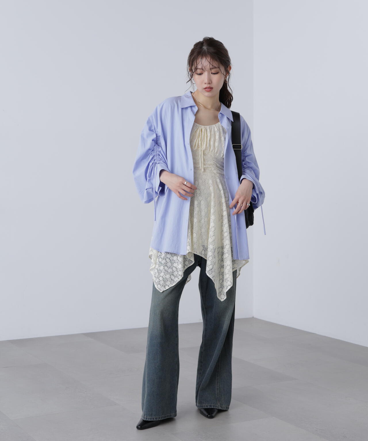 袖シャーリングオーバーシャツ