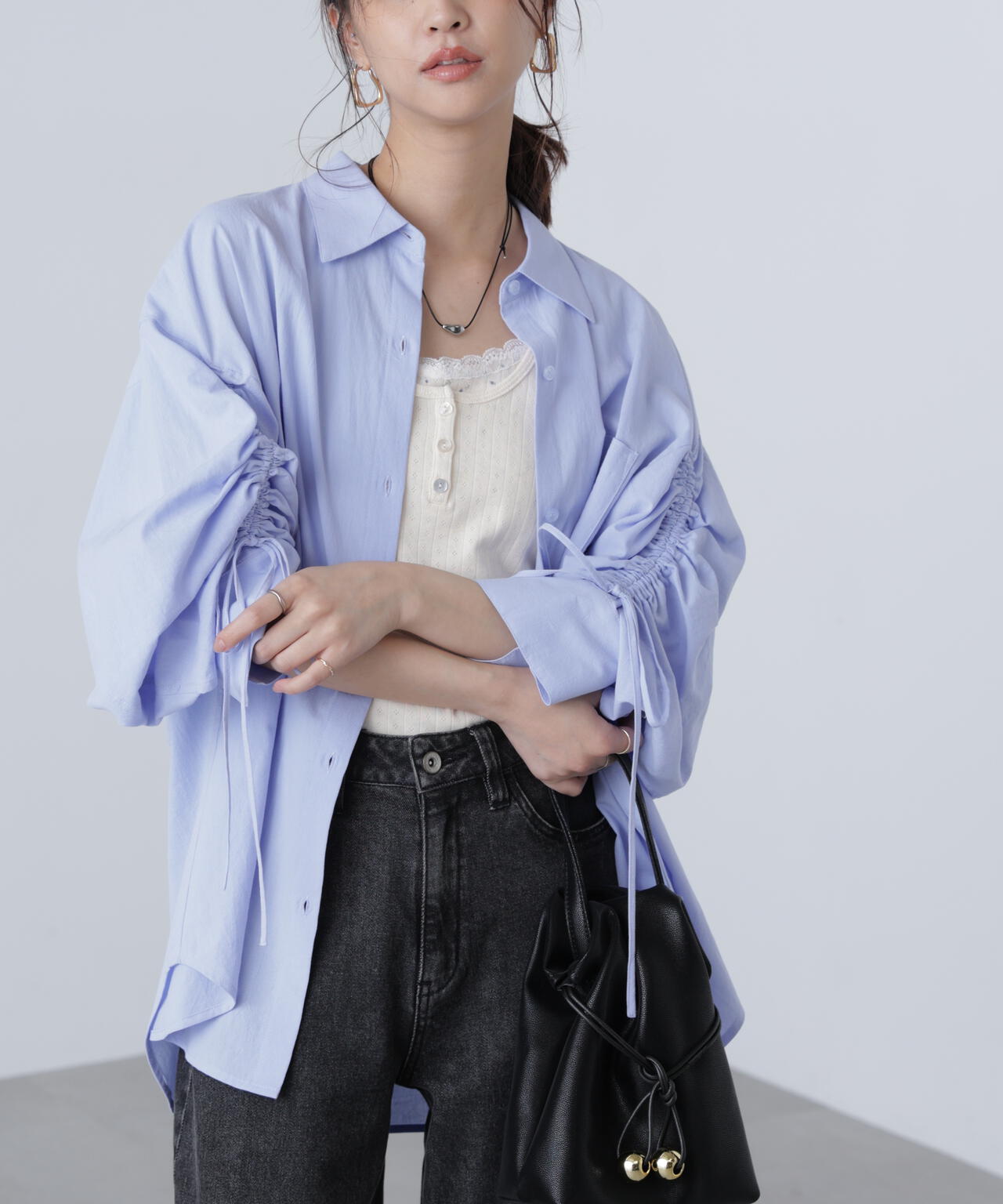 袖シャーリングオーバーシャツ