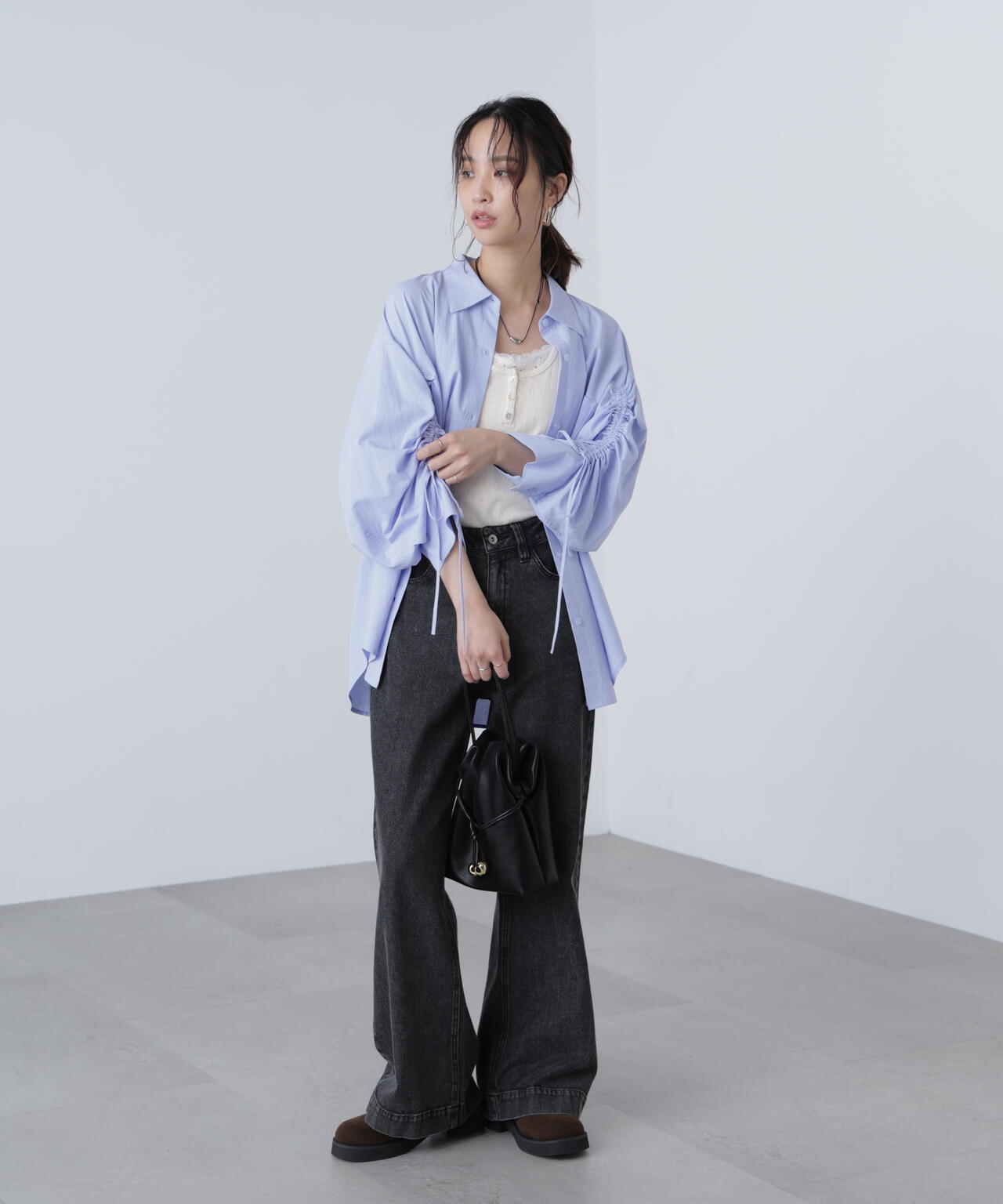 袖シャーリングオーバーシャツ