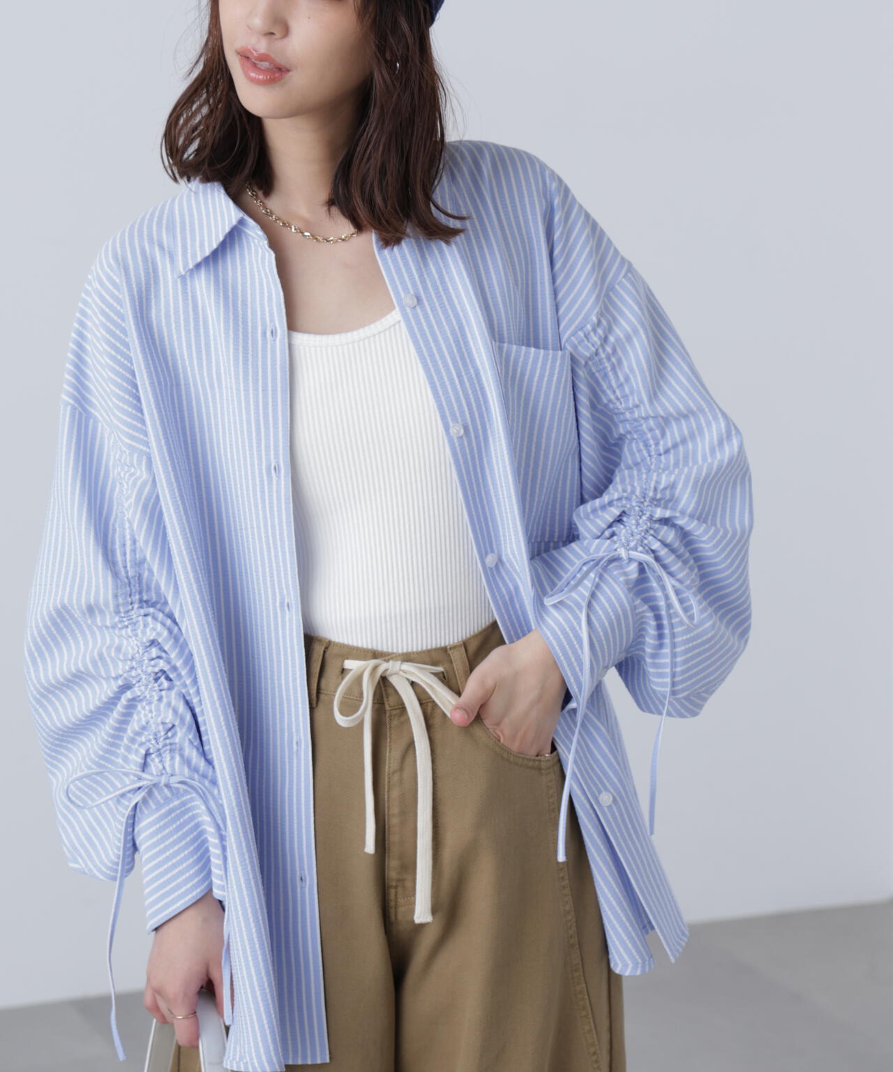 袖シャーリングオーバーシャツ