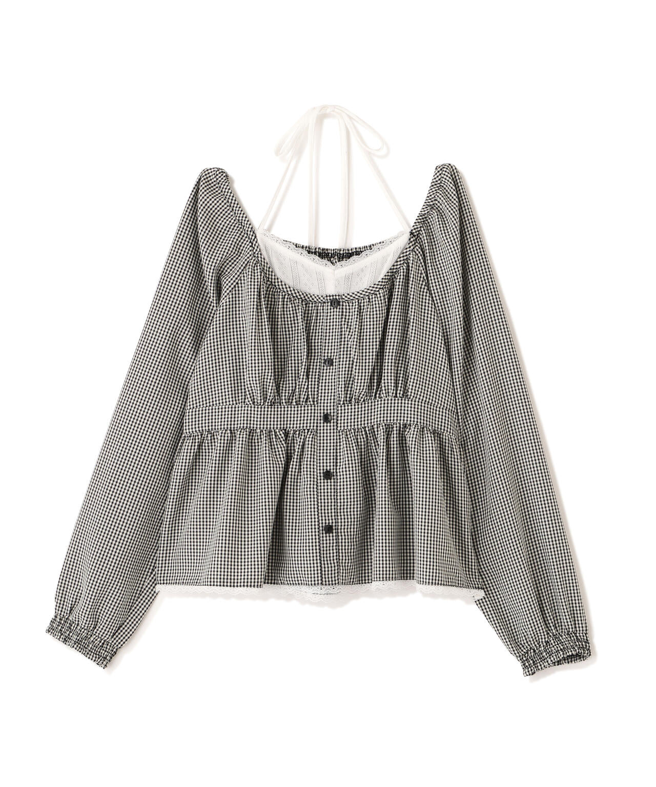 レイヤード風ギンガムチェックペプラムブラウス