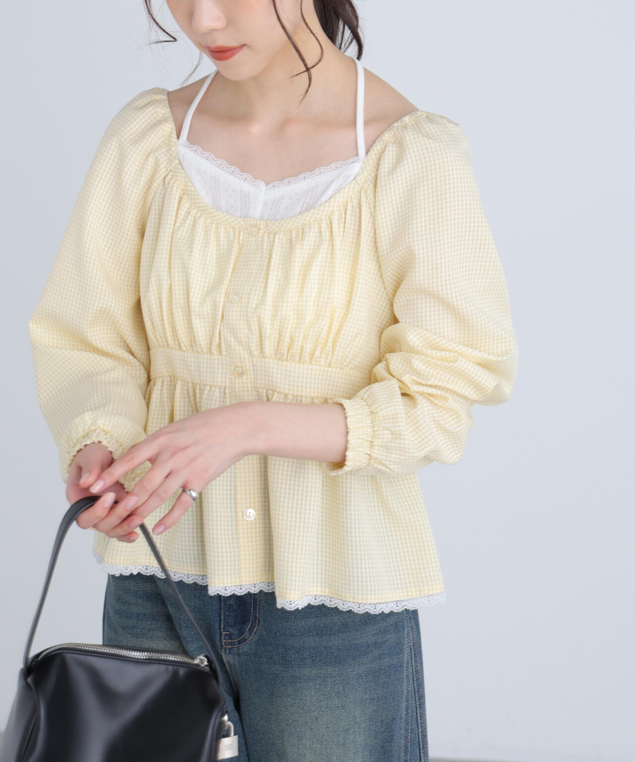 レイヤード風ギンガムチェックペプラムブラウス