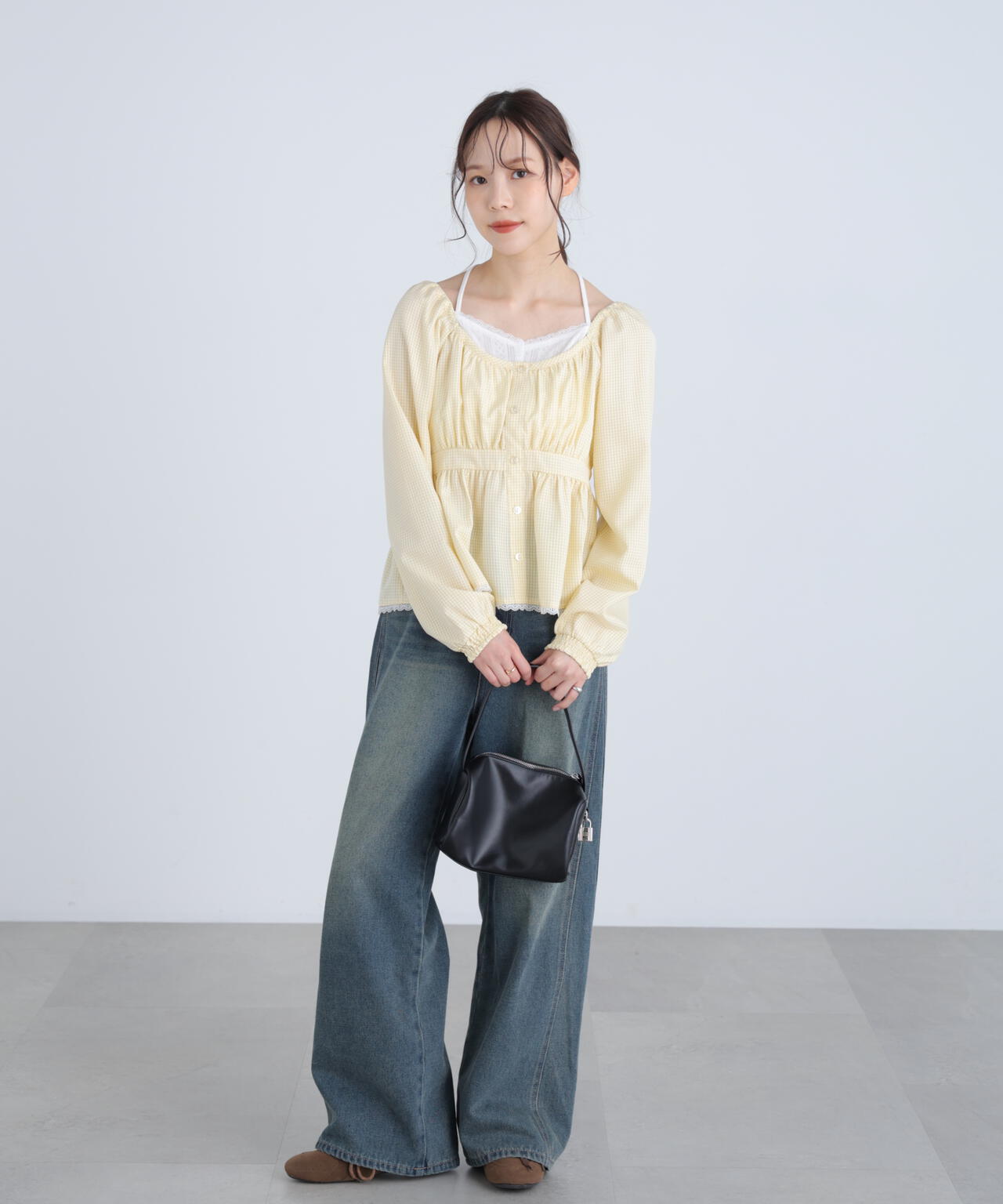 レイヤード風ギンガムチェックペプラムブラウス