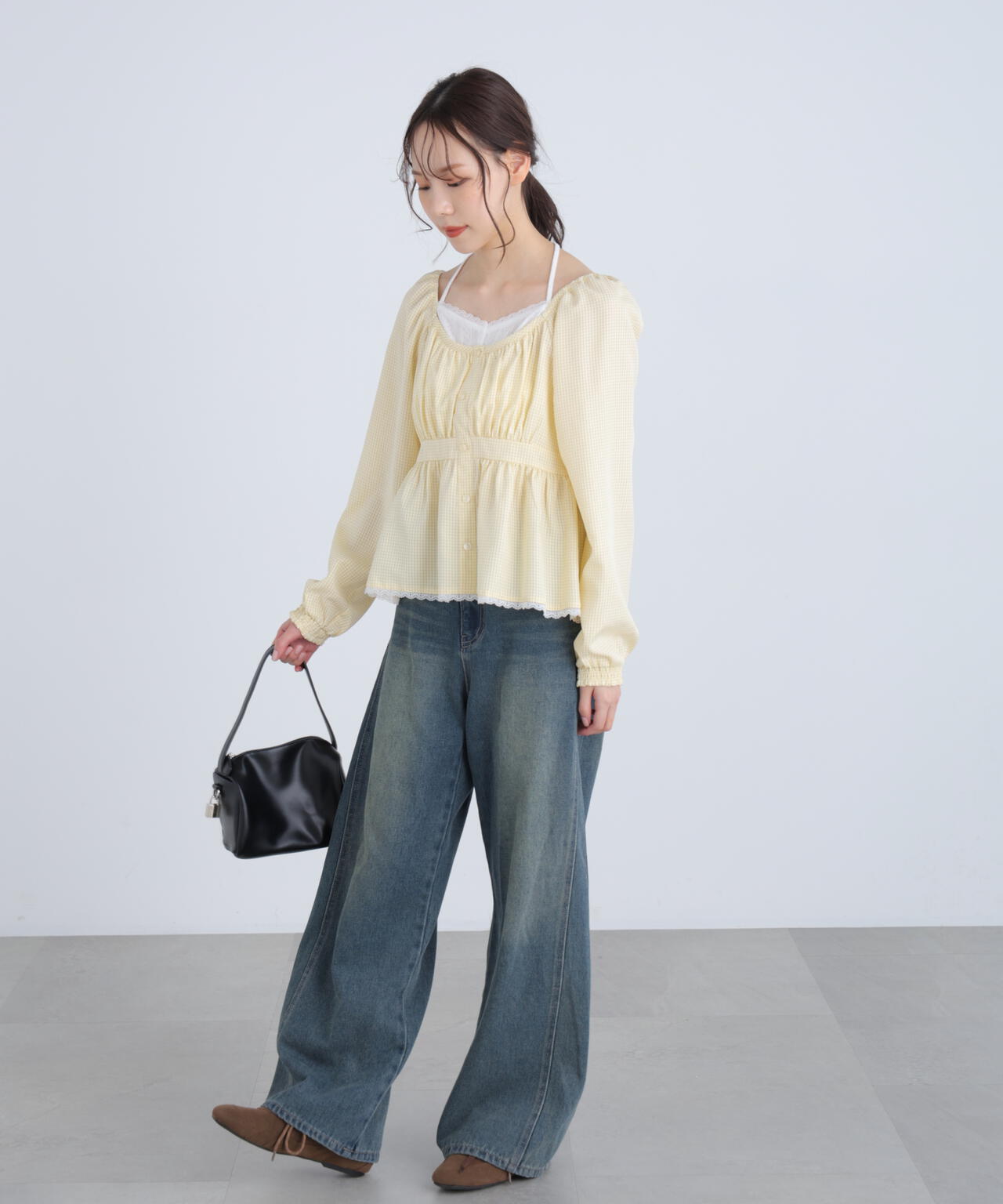 レイヤード風ギンガムチェックペプラムブラウス