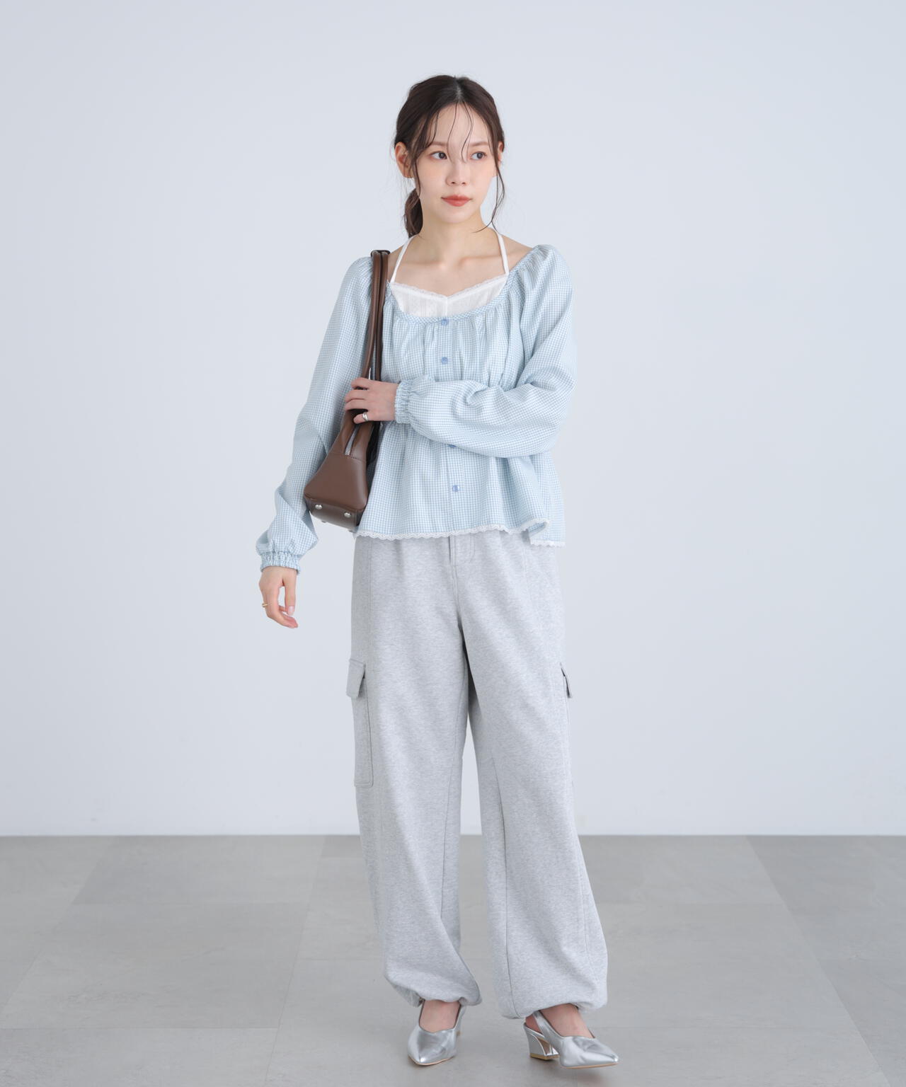 レイヤード風ギンガムチェックペプラムブラウス