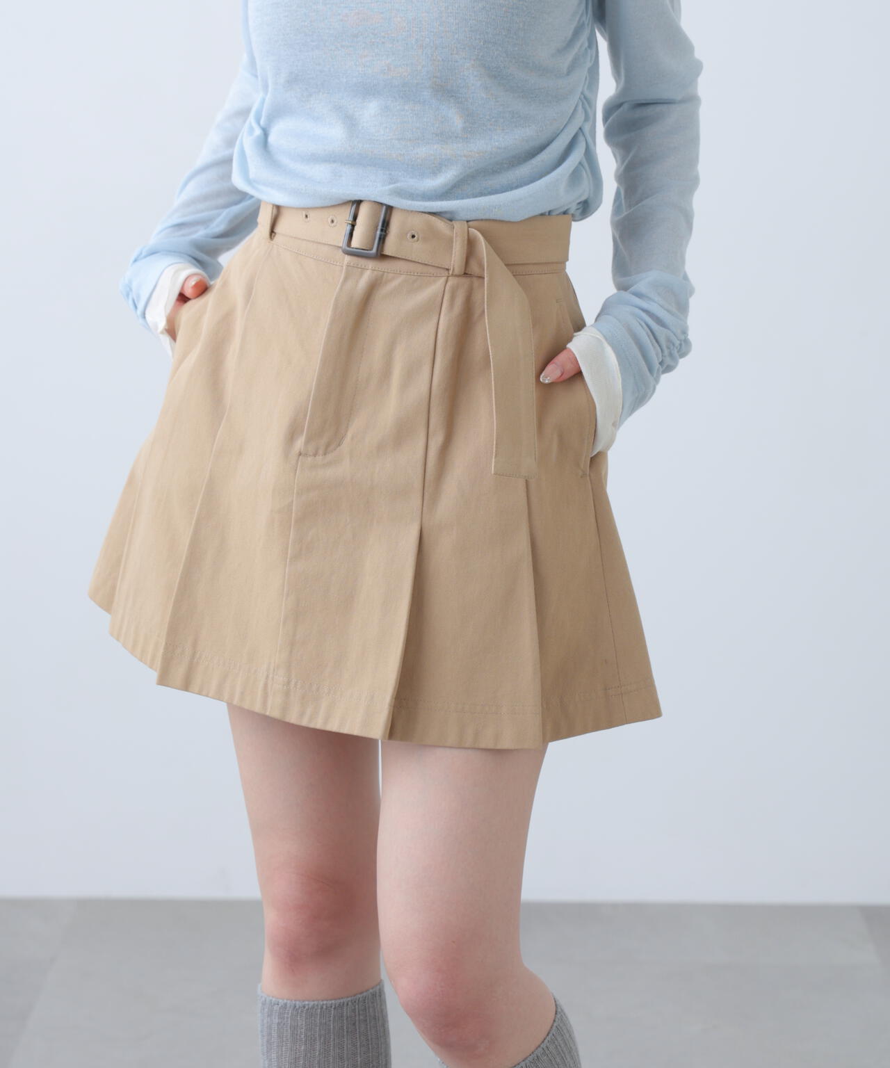 〈セットアップ対応〉ベルト付きプリーツミニスカート