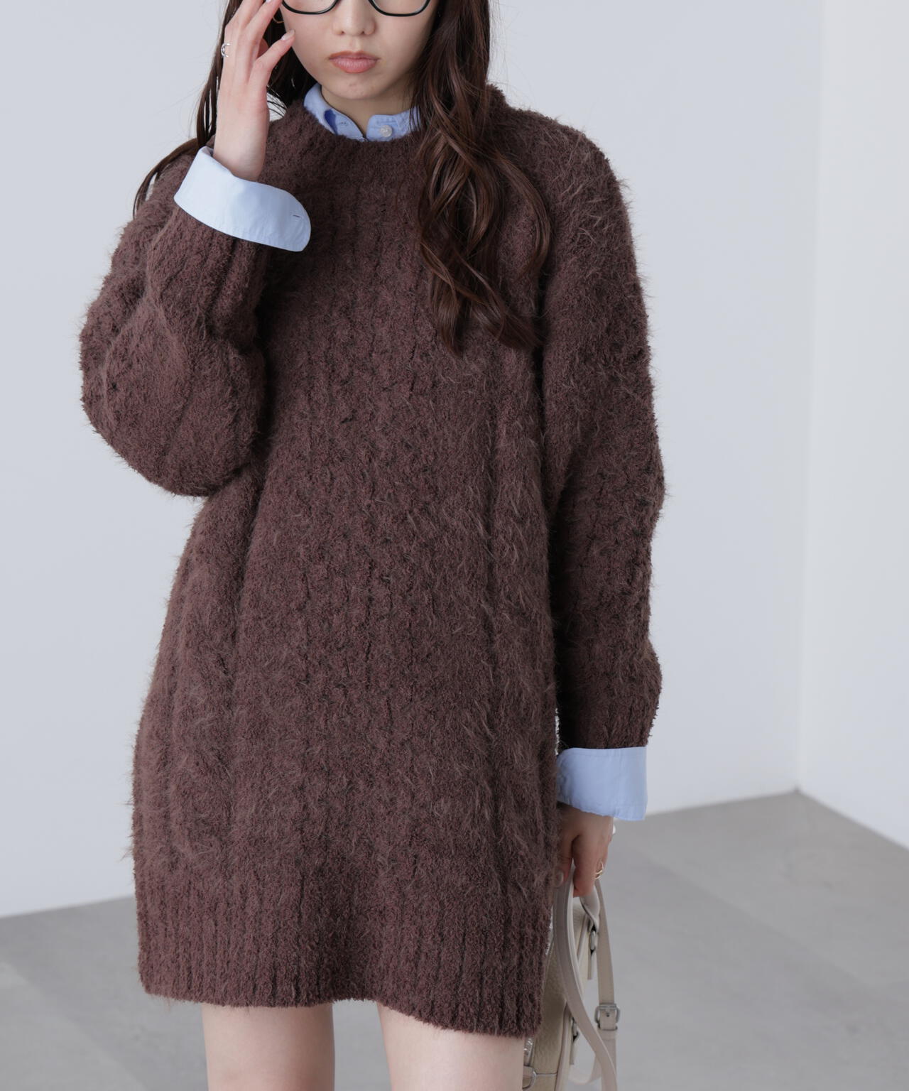 テディヤーンケーブル編みミニワンピース