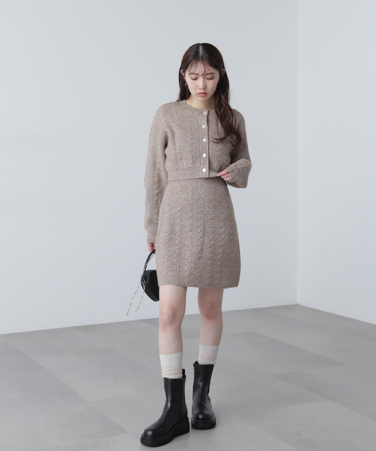 ケーブルニットカーデ×ワンピースセット