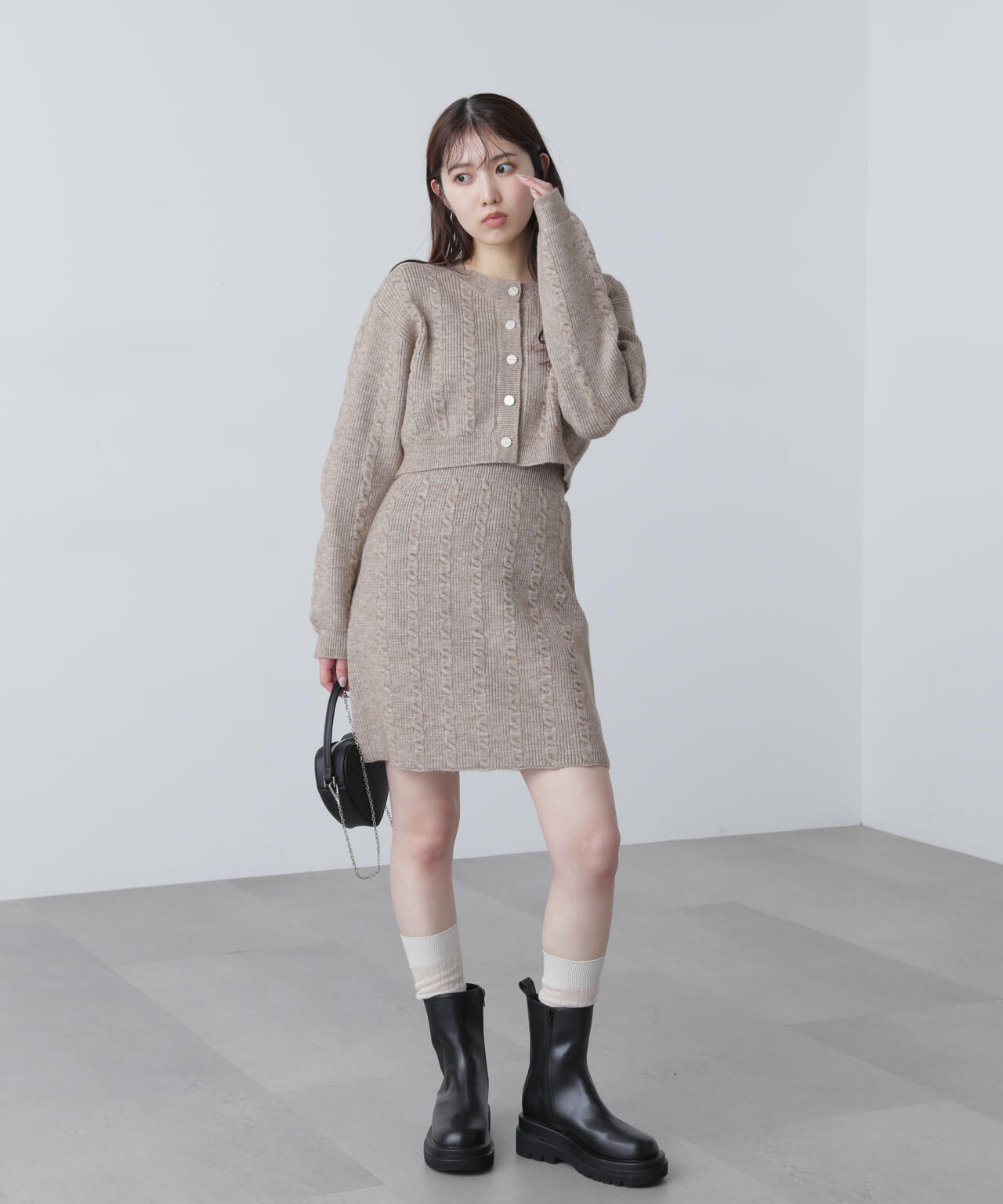 ケーブルニットカーデ×ワンピースセット