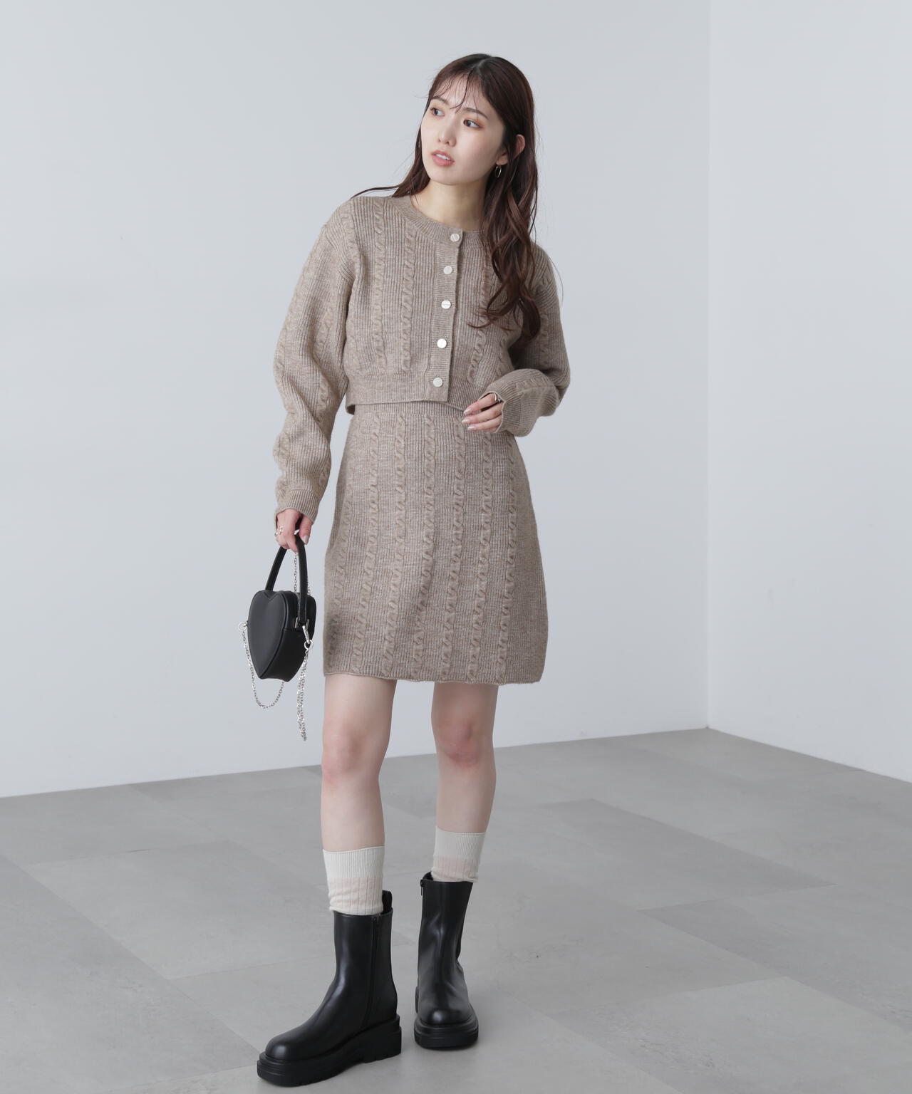 ケーブルニットカーデ×ワンピースセット